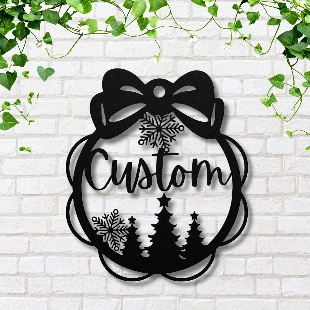 Personalized Christmas Ornament Metal Sign, Custom Holiday Die-Cut Decor, Snowflake Bow Family Name Gift, Xmas Tree Wall Art