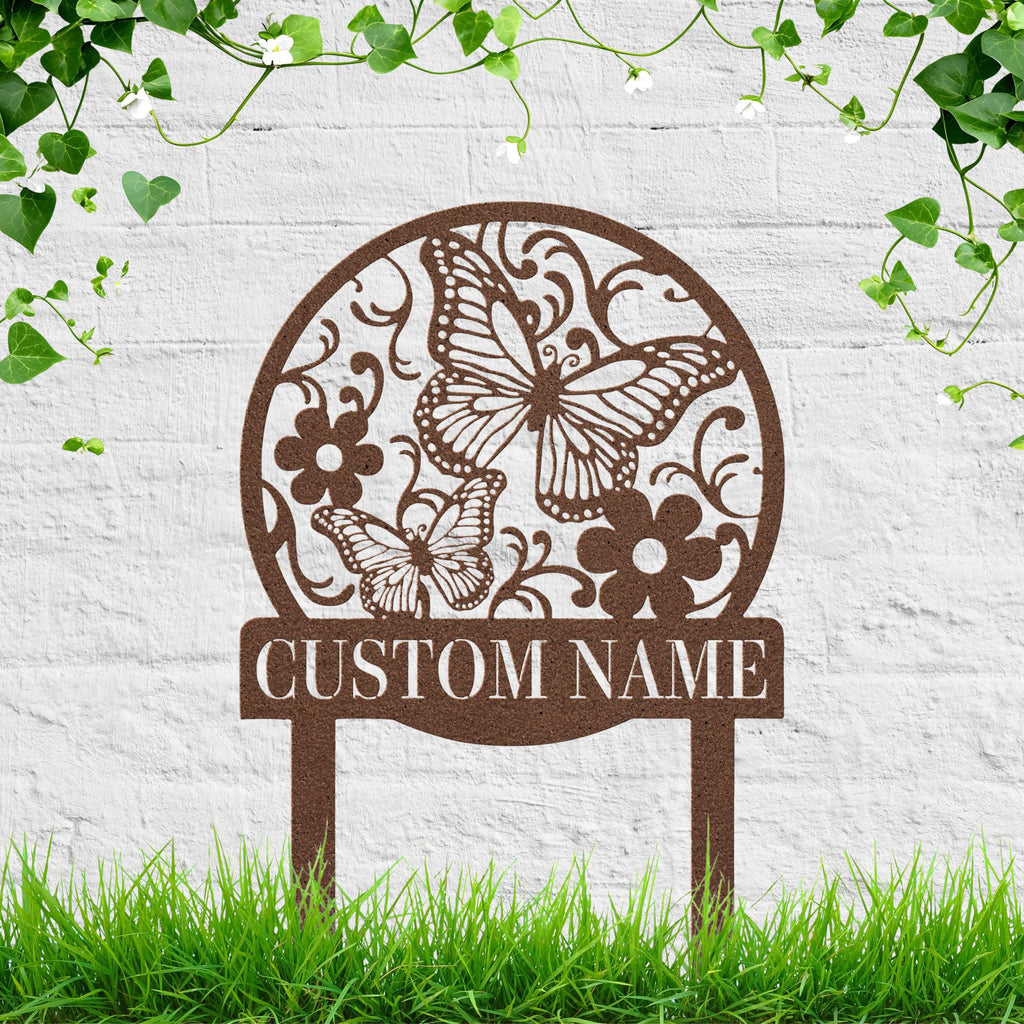 Butterfly & Flower Metal Garden Stake, Personalized Die-Cut Custom Name Sign, Monogrammed Nature Art, Memorial or Garden Decor