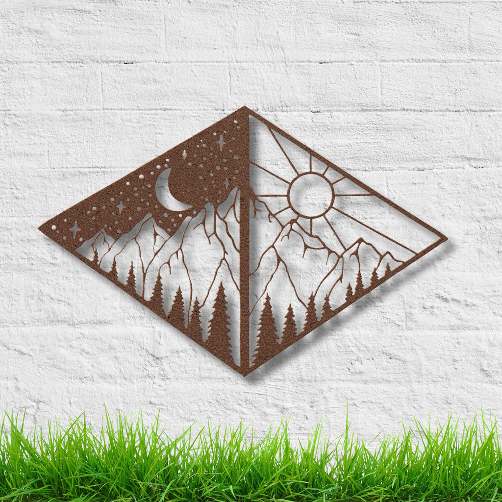 Mountain Metal Art – Sun Moon Geometric Wall Decor | Diamond Shape Cabin Sign