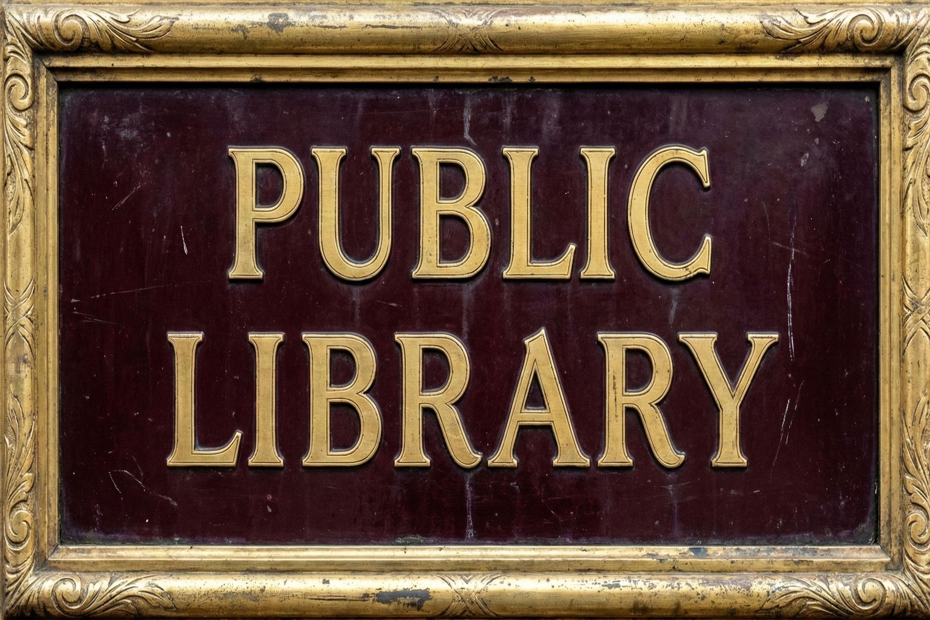 Public Library Metal Sign, Vintage Bookstore Decor, Literary Wall Art, Gold and Maroon Plaque, Classic Reading Room Signage