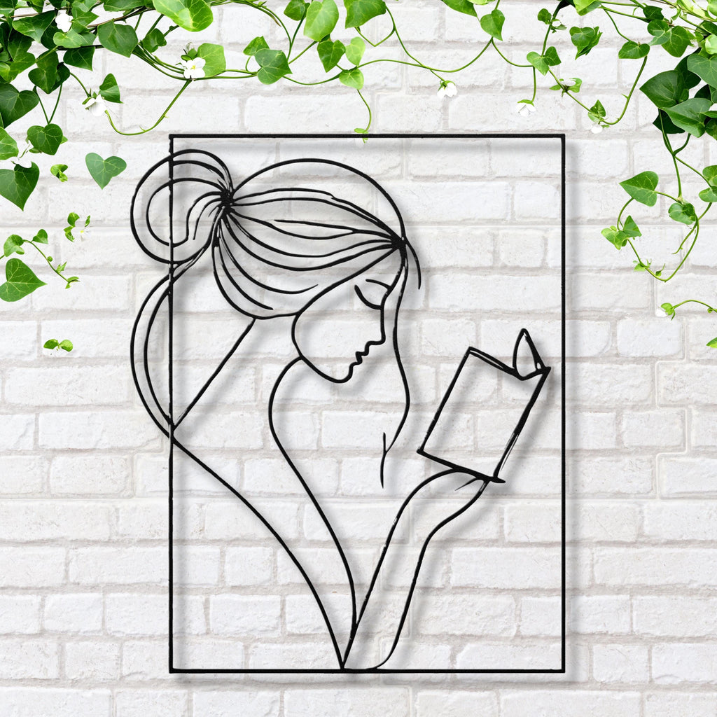 Woman Reading Metal Wall Art, Minimalist Line Art, Librarian Gift