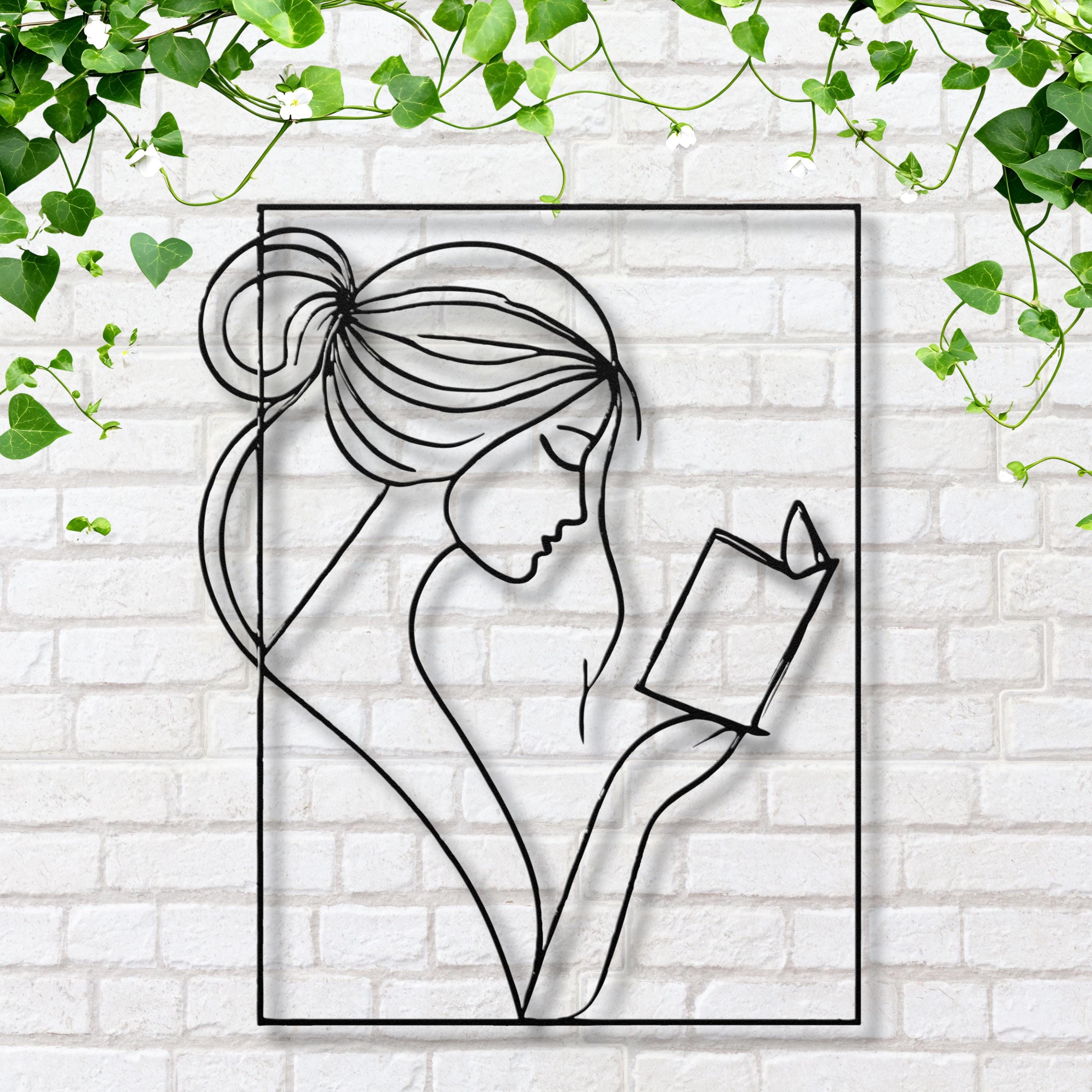 Woman Reading Metal Wall Art, Minimalist Line Art, Librarian Gift
