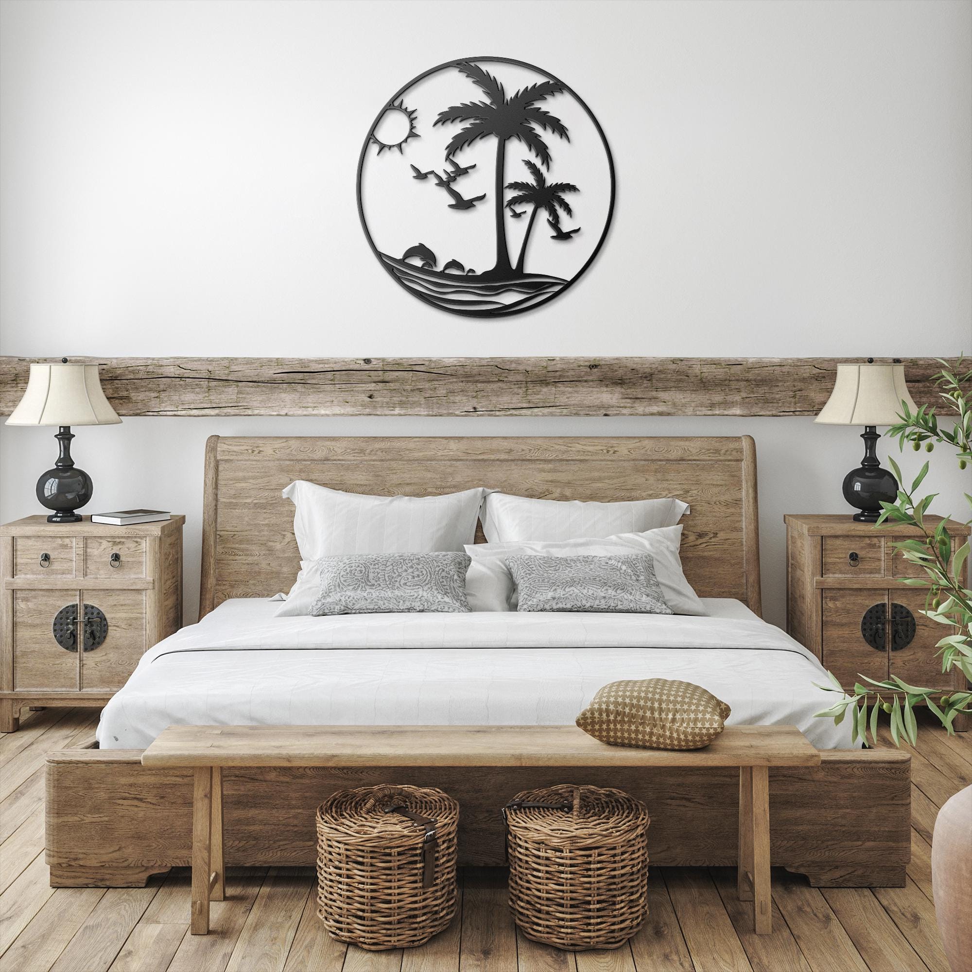 Tropical Beach Metal Wall Art, Palm Tree Dolphin Die Cut Sign, Coastal Island Home Decor Gift