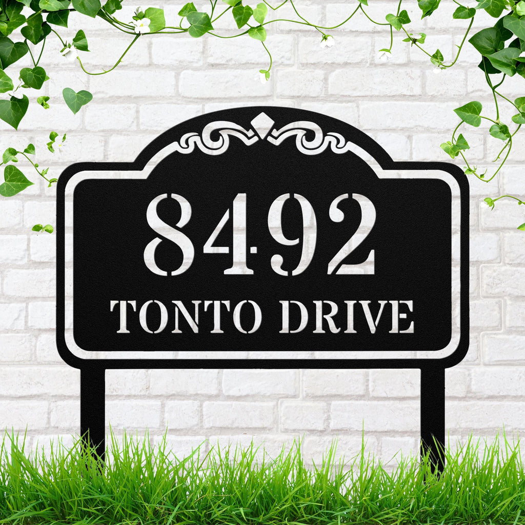 Classic Stenciled Metal Address Sign, Personalized Die-Cut House Number Plaque, Custom Yard Stake, Elegant Home Exterior Decor