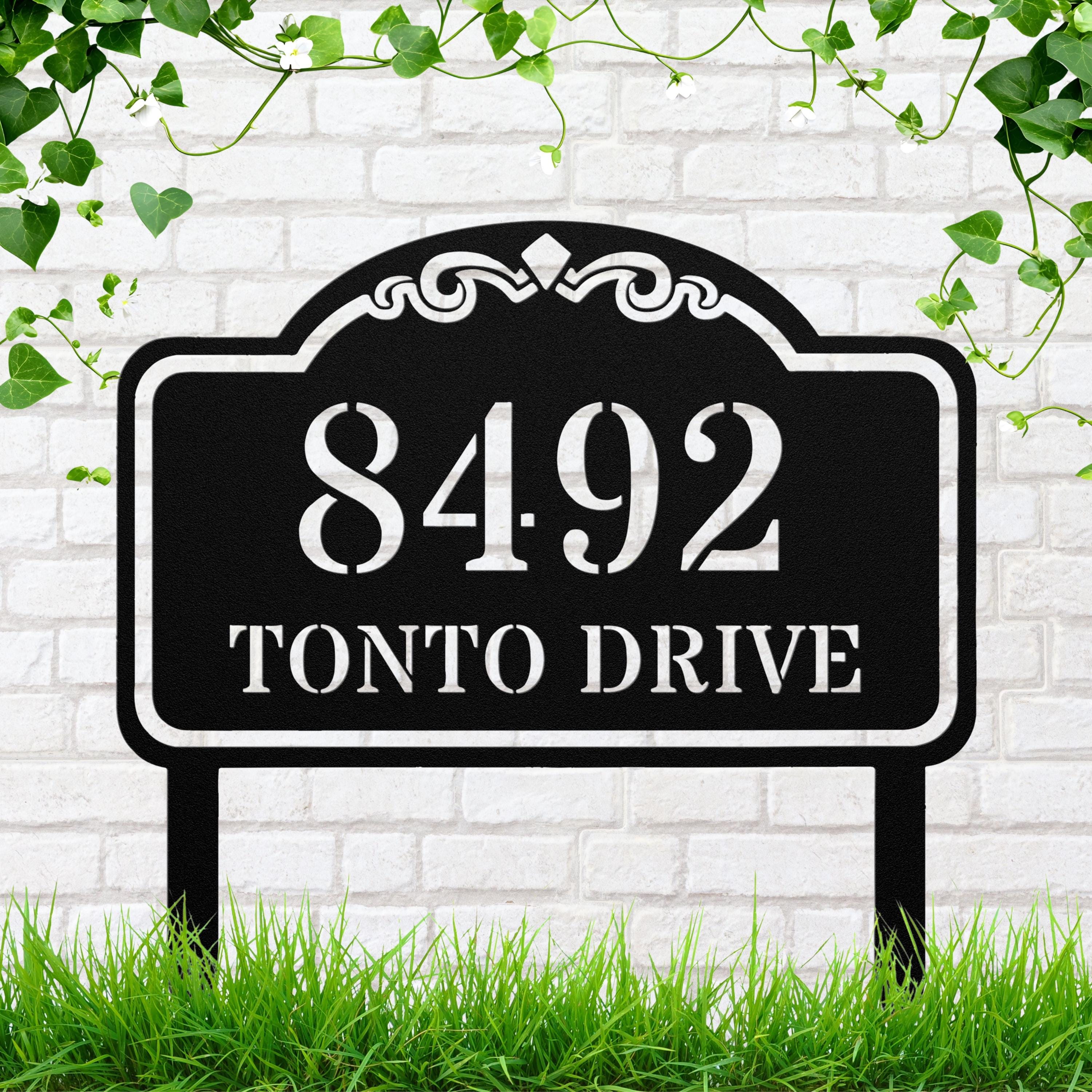 Classic Stenciled Metal Address Sign, Personalized Die-Cut House Number Plaque, Custom Yard Stake, Elegant Home Exterior Decor