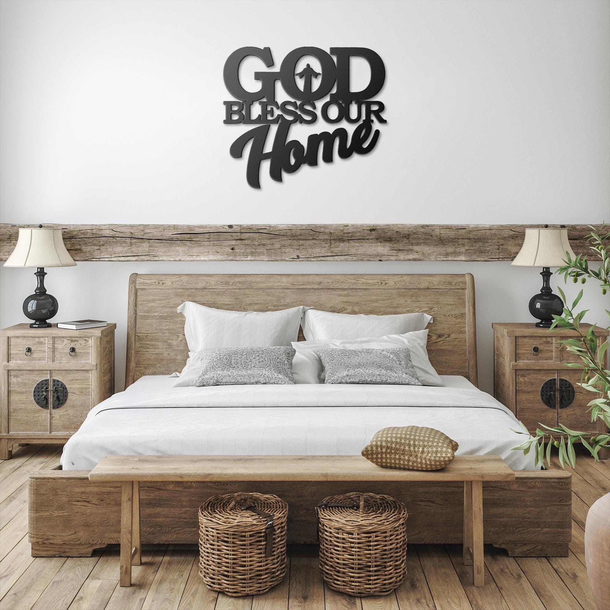 God Bless Our Home Metal Sign | Christian Word Art Decor | Religious Scripture Silhouette | Faith-Based Housewarming Gift