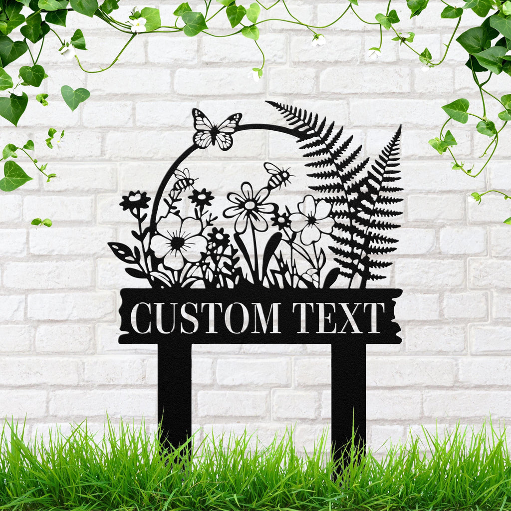 Die-Cut Meadow Flower Garden Sign, Personalized Butterfly & Bee Metal Stake, Custom Text Pollinator Patch Marker, Gardener Gift