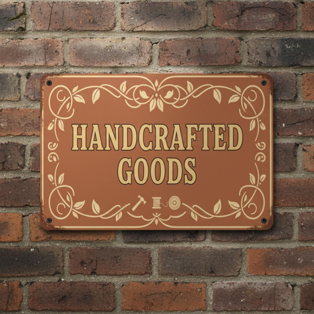 Rustic Handcrafted Goods Sign, Artisan Shop Metal Plaque, Home Decor Craft Show Display