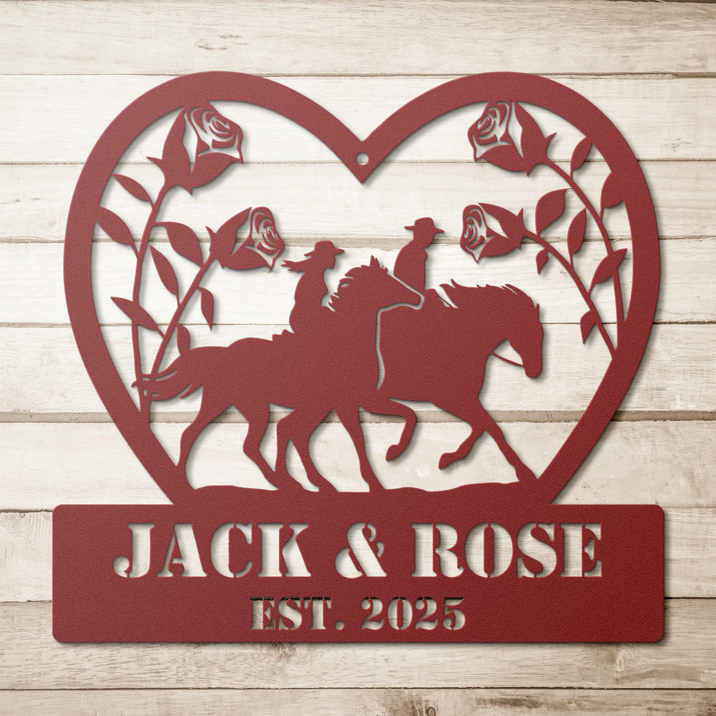 Custom Horse Couple Metal Sign | Personalized Wedding Gift | Heart Roses Equestrian Art | Anniversary Ranch Die-Cut