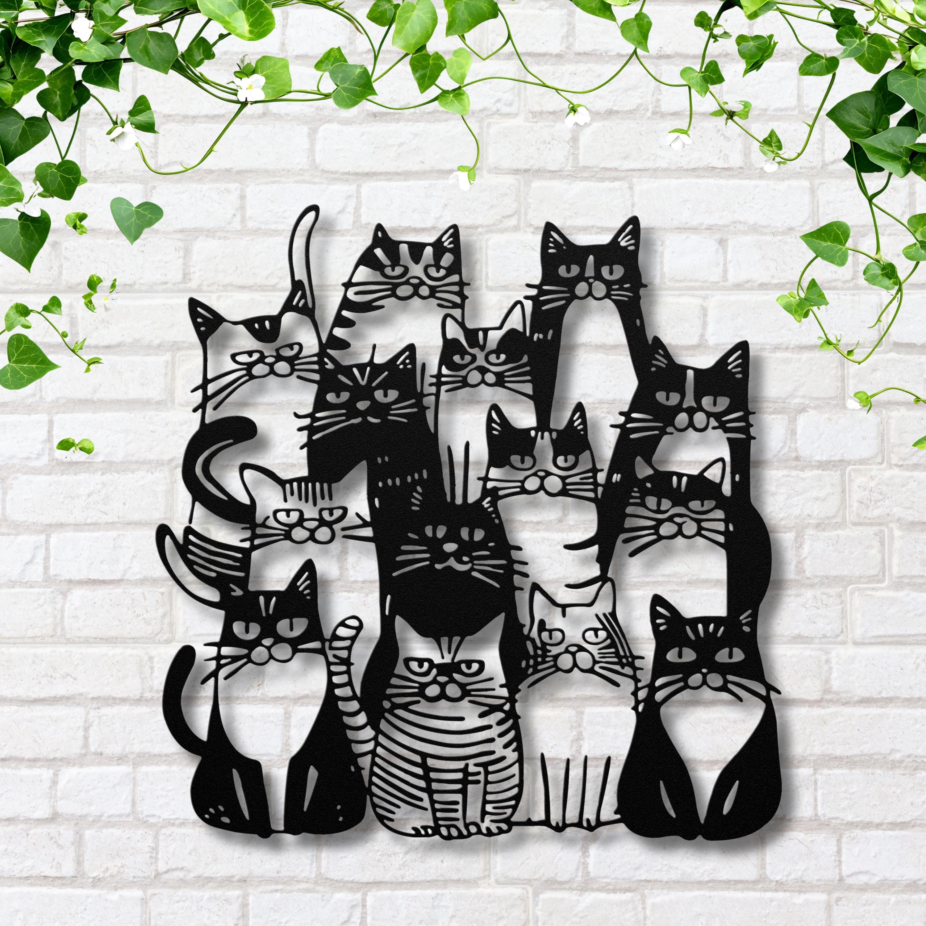Grumpy Cat Group Metal Wall Art | Die-Cut Black & White Kitten Silhouette | Funky Pet Lover Decor Gift
