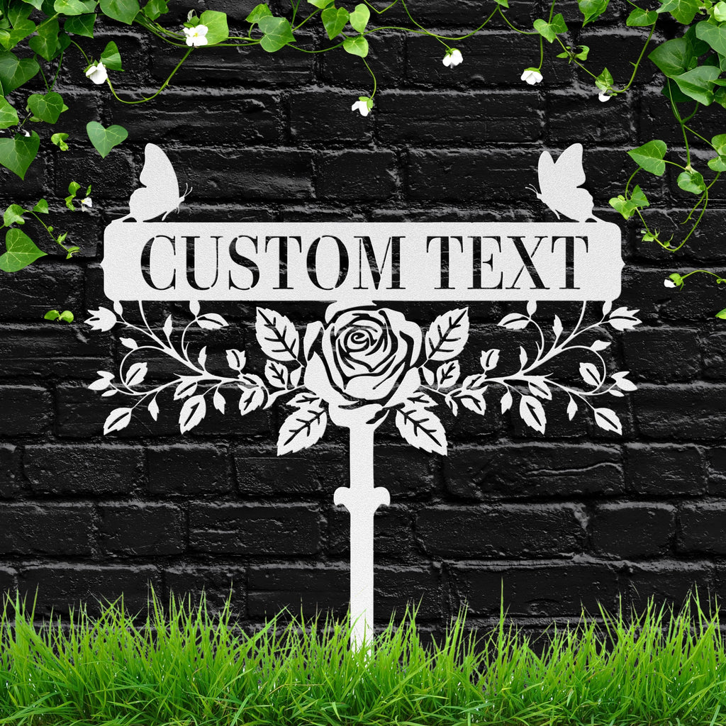 Custom Rose Garden Stake, Personalized Metal Sign, Butterfly Floral Yard Art Plaque