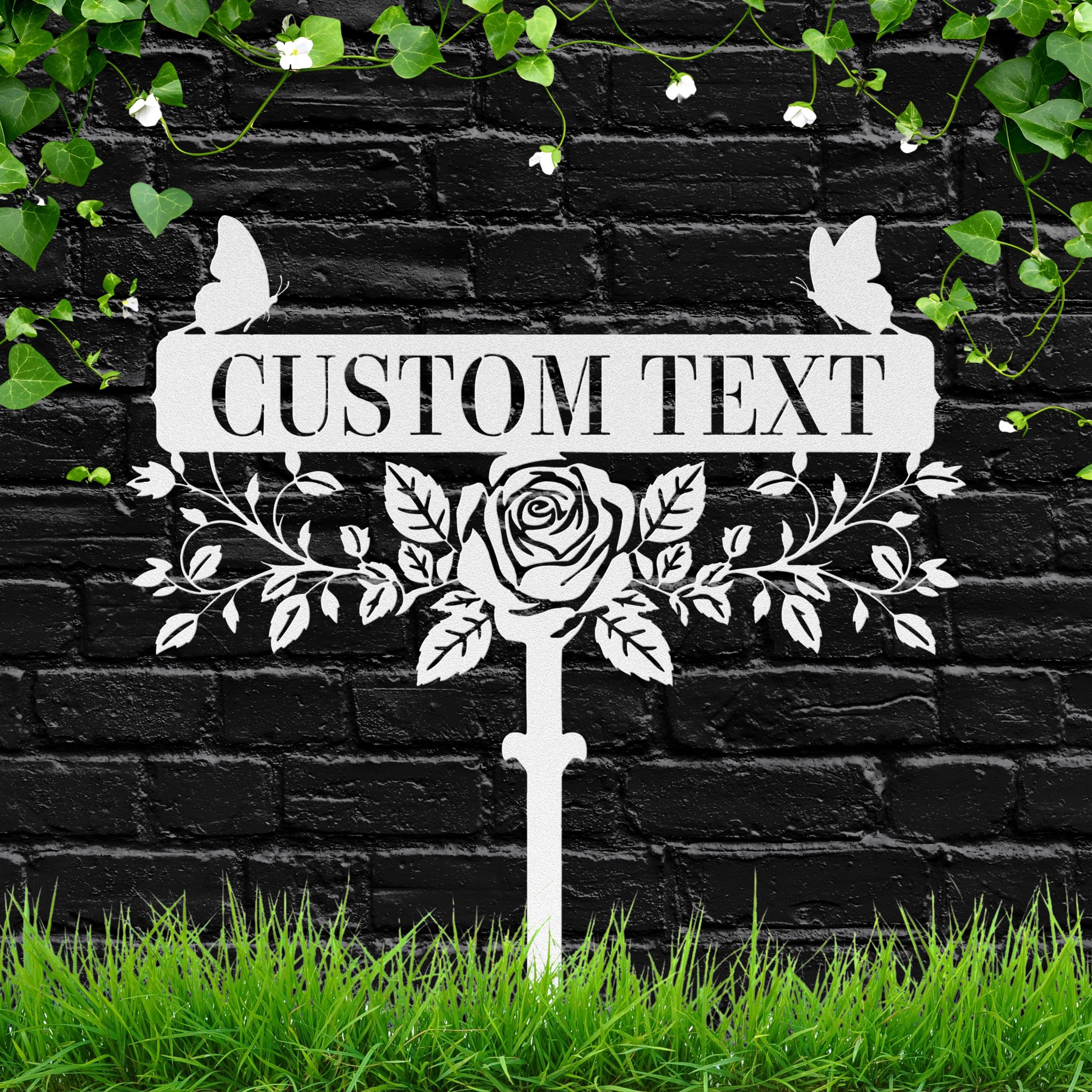 Custom Rose Garden Stake, Personalized Metal Sign, Butterfly Floral Yard Art Plaque