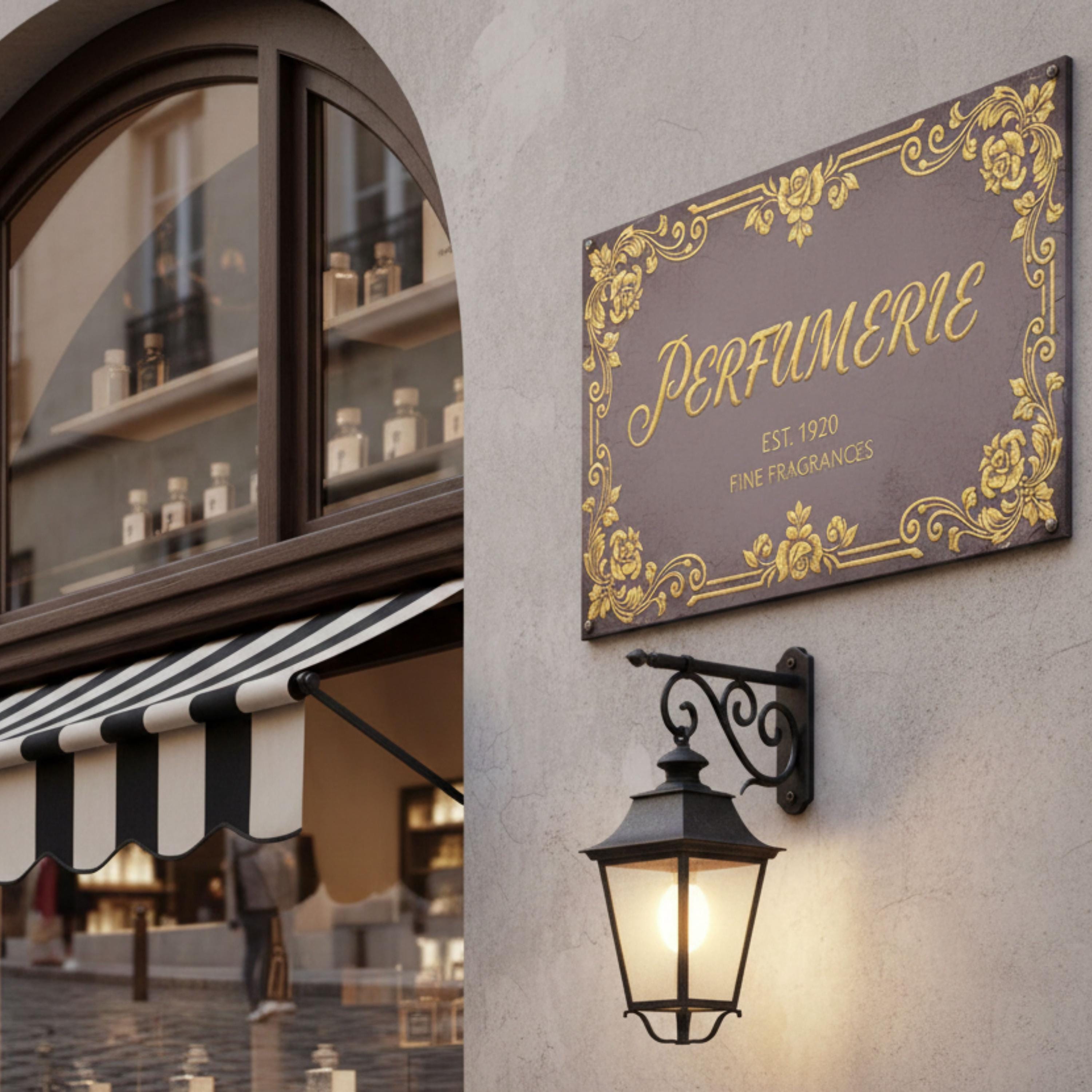 Perfumerie Metal Sign, Vintage Fragrance Store Decor, Est. 1920 Gold Scroll Wall Art