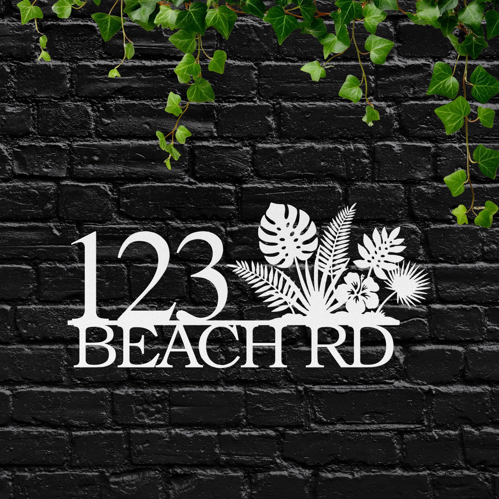Personalized Beach House Number Sign, Tropical Metal Address Plaque, Palm Leaf Hibiscus Decor, Coastal Home Gift