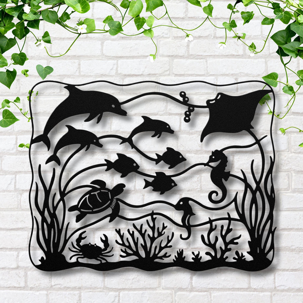 Marine Life Metal Wall Art, Dolphin Seahorse Stingray Sign, Coastal Sea Turtle Decor
