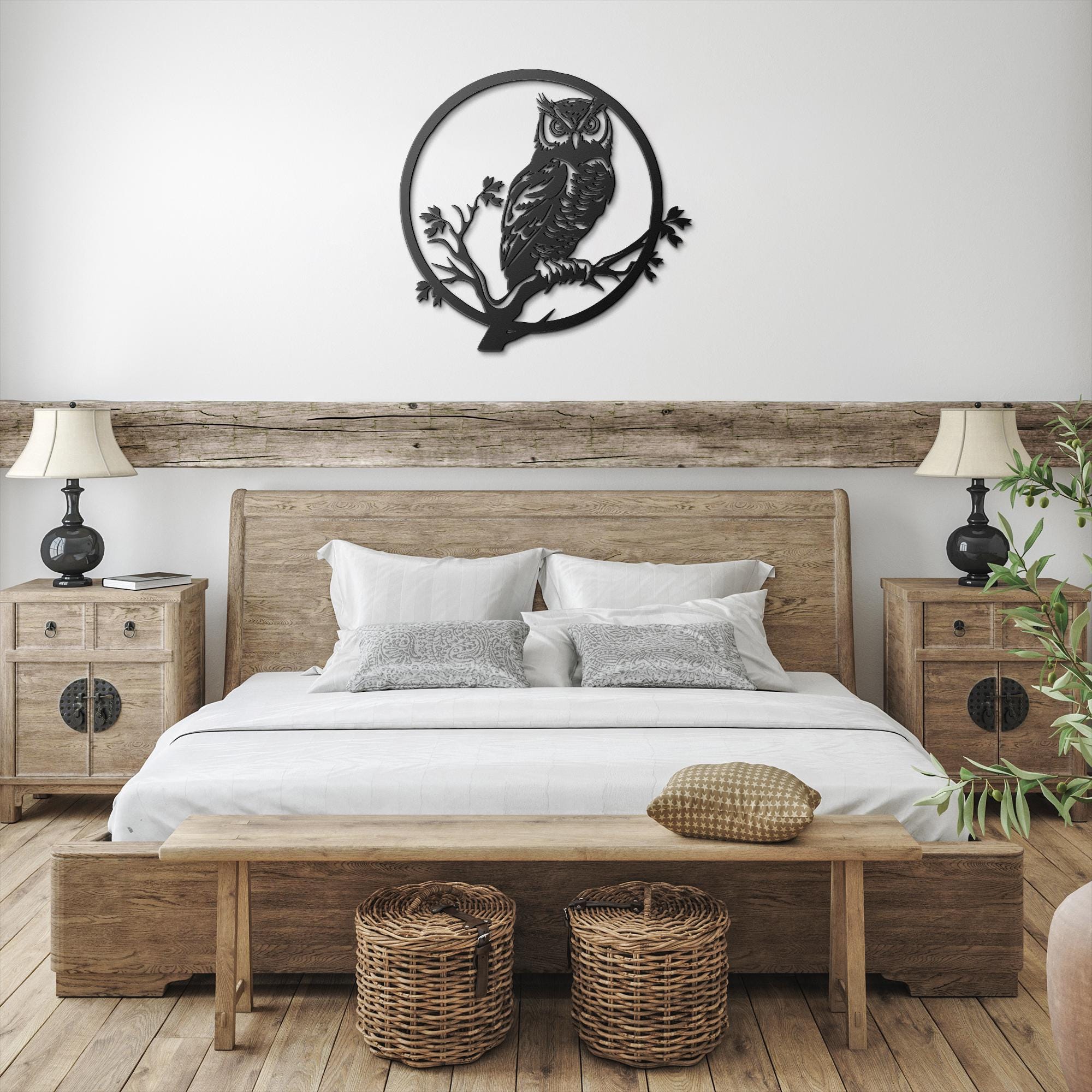 Owl Metal Wall Art, Forest Bird Silhouette Decor, Circular Nature Animal Wall Sign