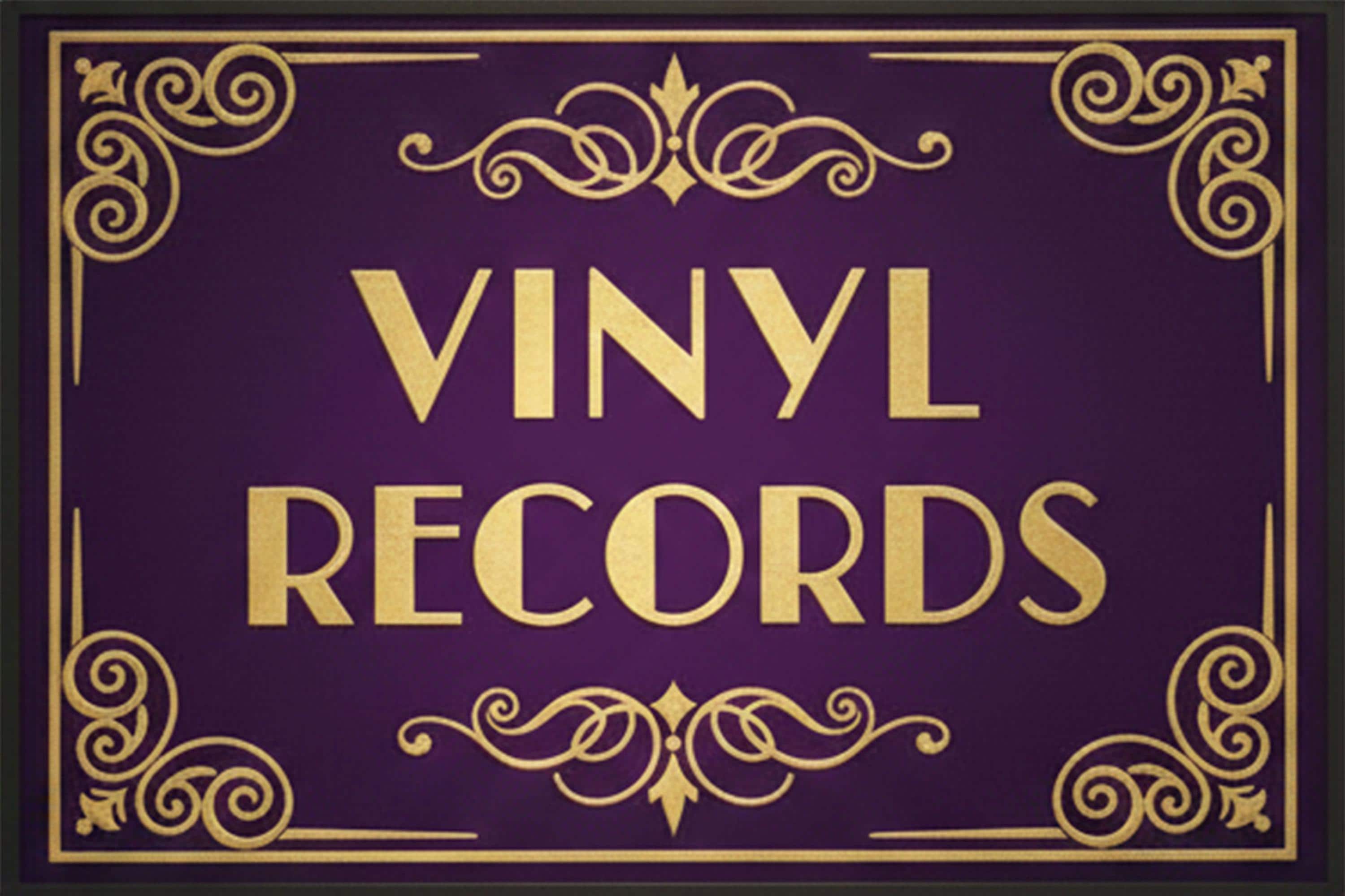 Vinyl Records Metal Sign, Vintage Music Store Decor, Retro Record Shop Art, Purple and Gold Plaque, Man Cave Wall Hanging