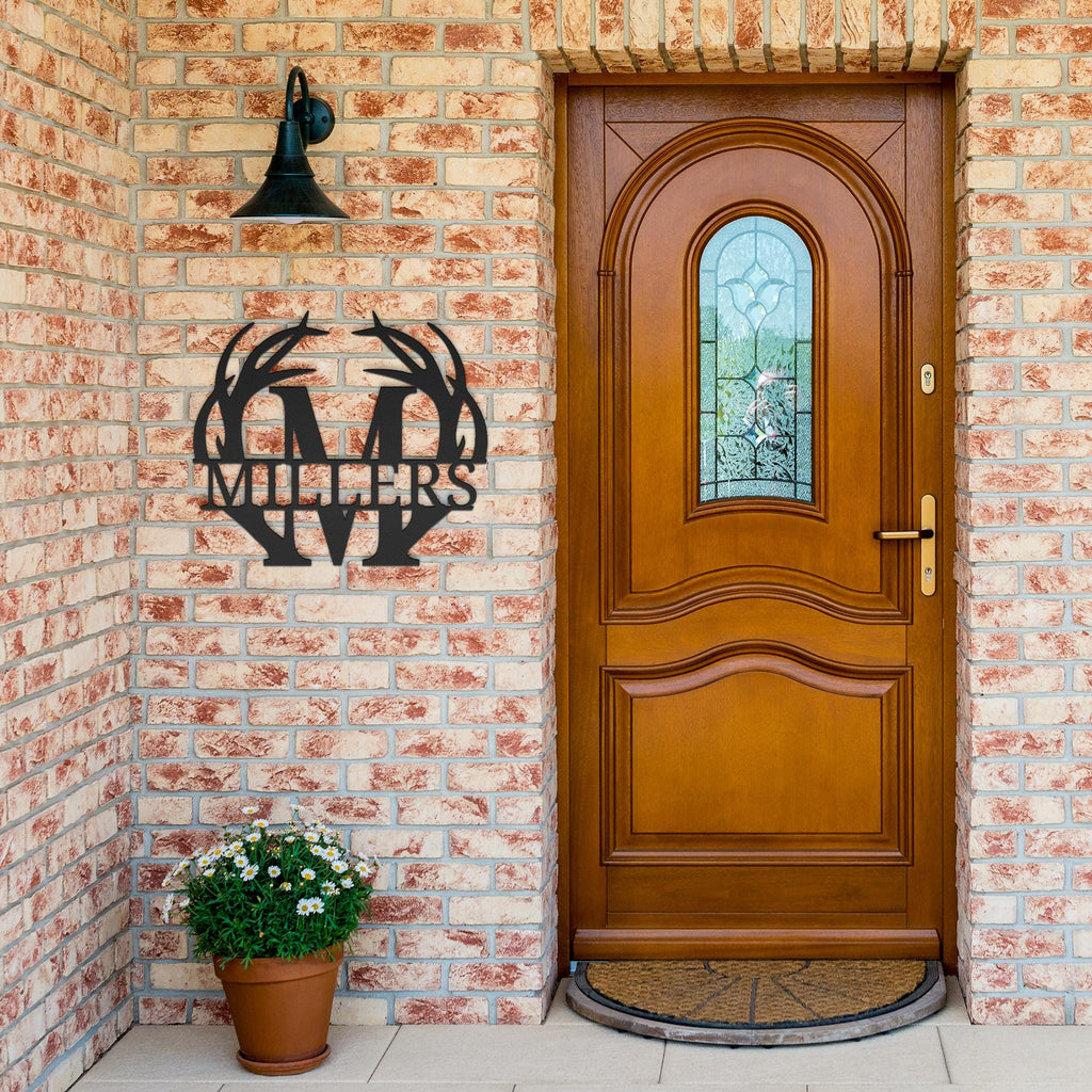 Custom Antler Monogram Metal Sign, Personalized Family Last Name Plaque, Rustic Wall Art