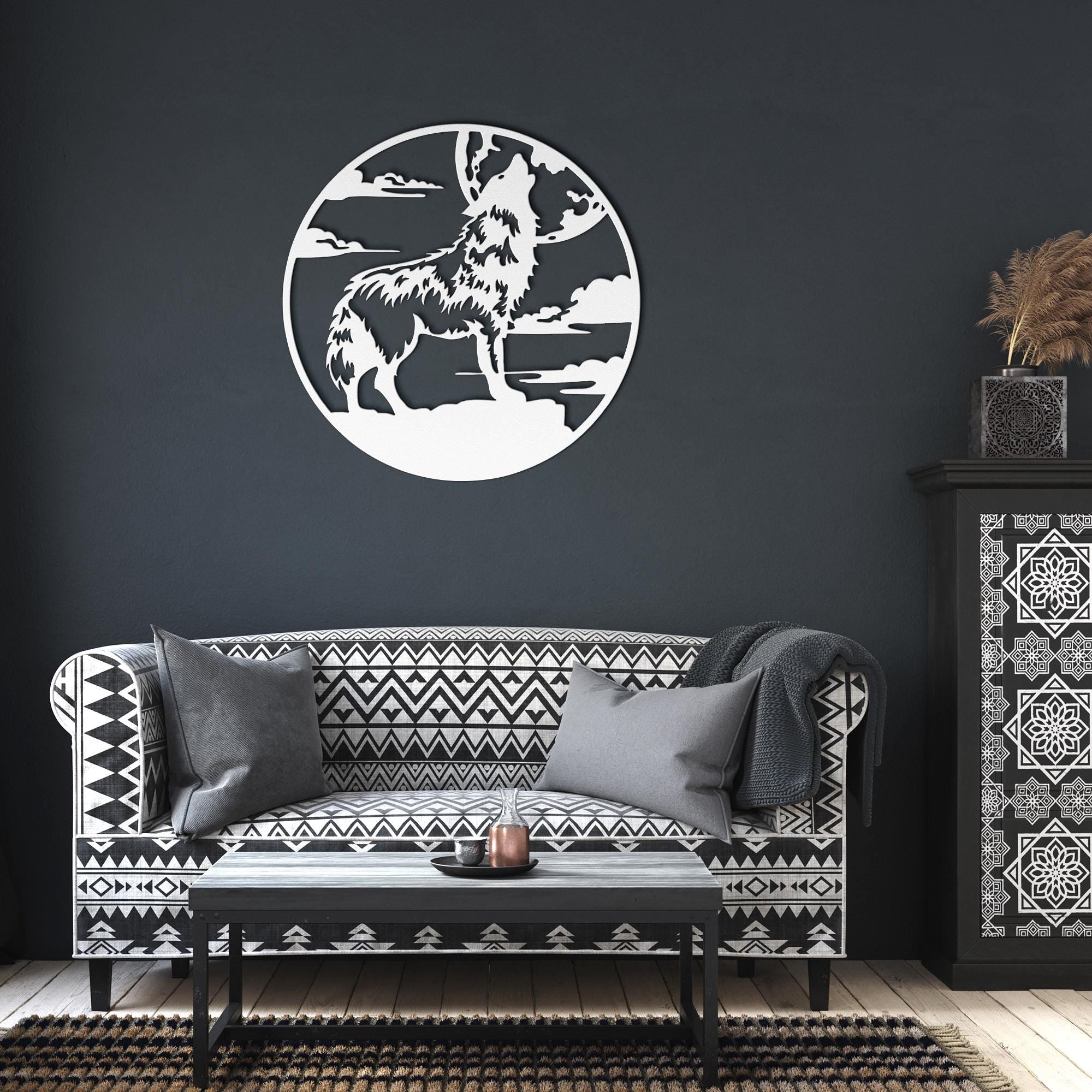 Howling Wolf Metal Wall Art, Full Moon Sign, Wildlife Decor, Cabin Lodge Gift