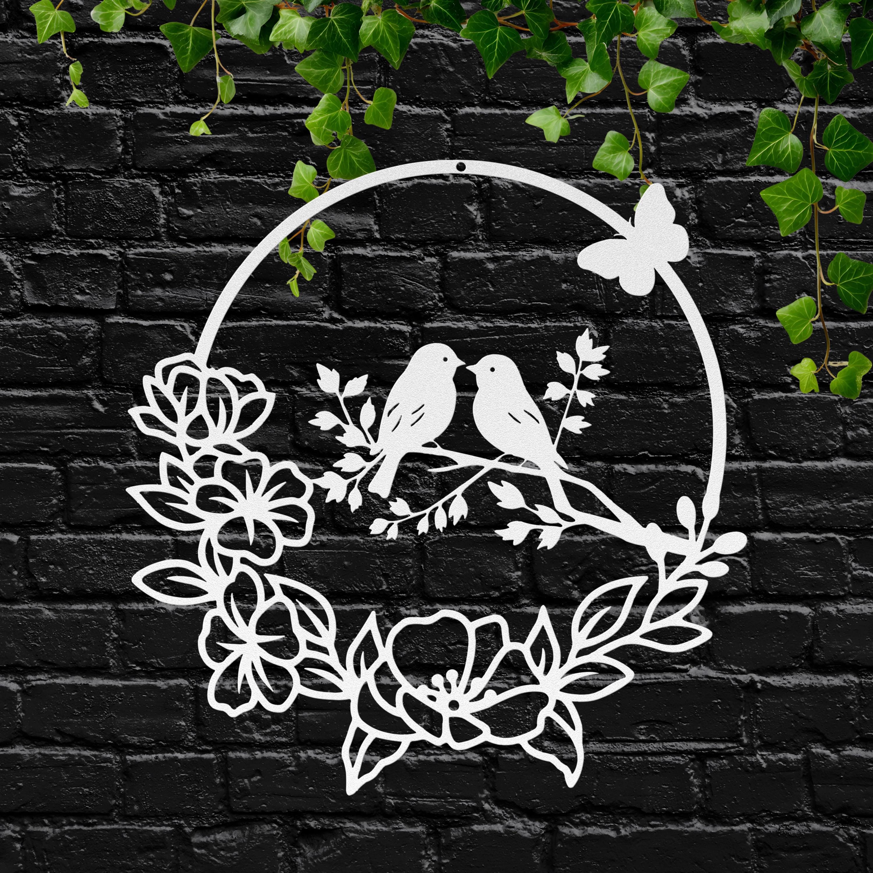 Love Birds Metal Wall Art, Floral Wreath Sign, Anniversary Gift, Nursery Bird Wall Decor