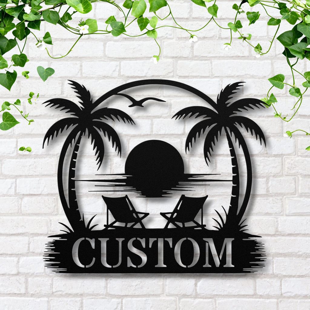 Personalized Beach House Sign - Custom Metal Plaque | Tropical Sunset Decor