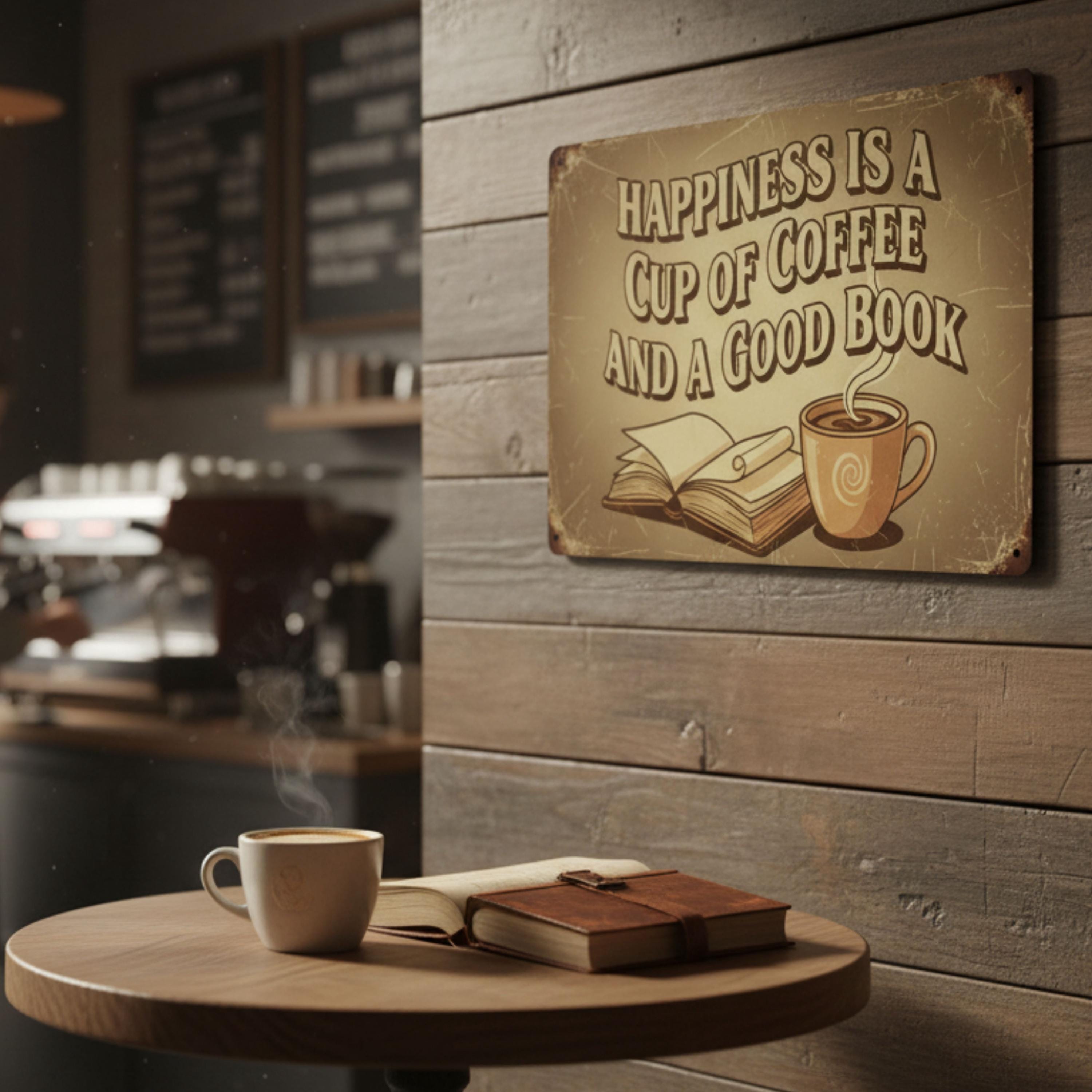Happiness is Coffee and a Good Book Sign, Rustic Reading Nook Decor, Vintage Metal Plaque, Cozy Library Wall Art, Book Lover Gift Idea