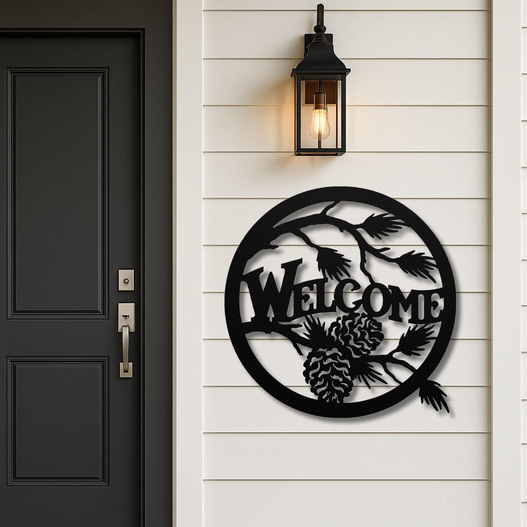 Rustic Welcome Pinecone Metal Sign, Cabin Forest Decor, Pine Branch Door Sign