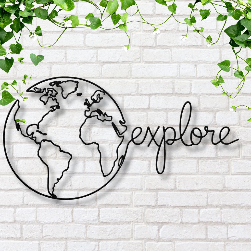 Explore Globe Metal Wall Art | Travel Die Cut Sign, Adventure Decor, Earth Map Silhouette, Wanderlust Gift