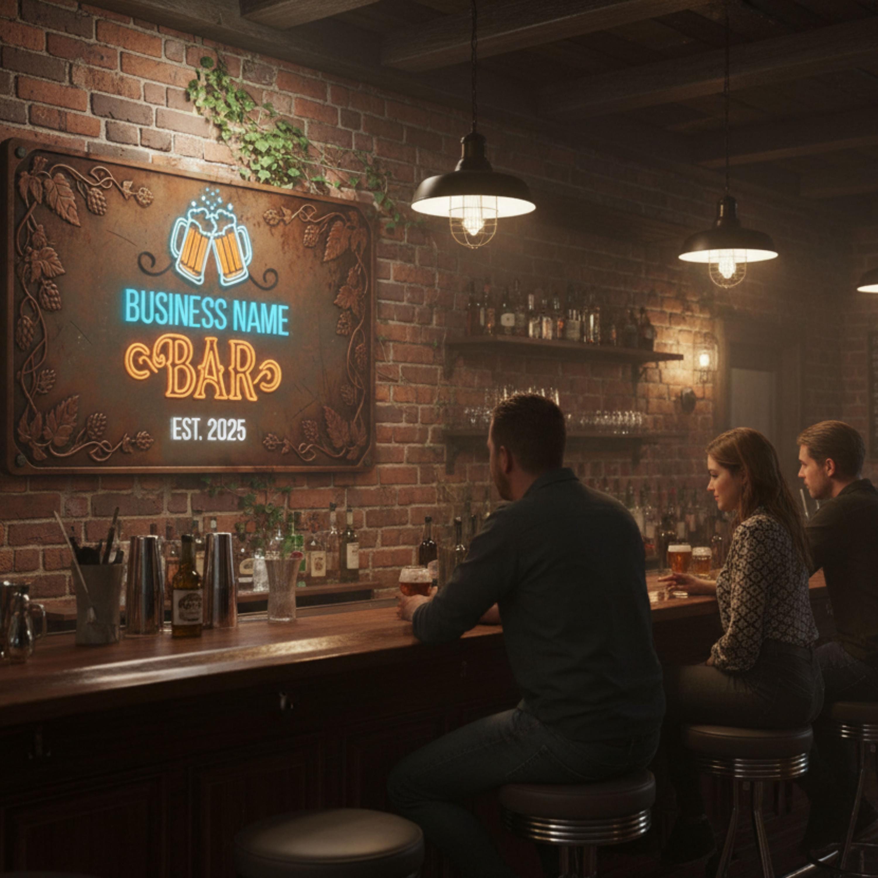 Custom Neon Bar Sign, Personalized Metal Pub Plaque, Vintage Brewery Decor, Est. Date Man Cave Gift, Rustic Home Bar Wall Art, Beer Cheers