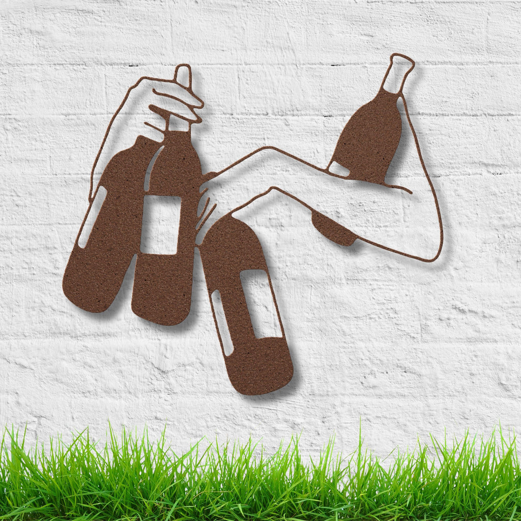 Hands Holding Wine Bottles Metal Art | Abstract Bar Decor Sign | Drink Enthusiast Silhouette | Kitchen or Cellar Wall Hanging
