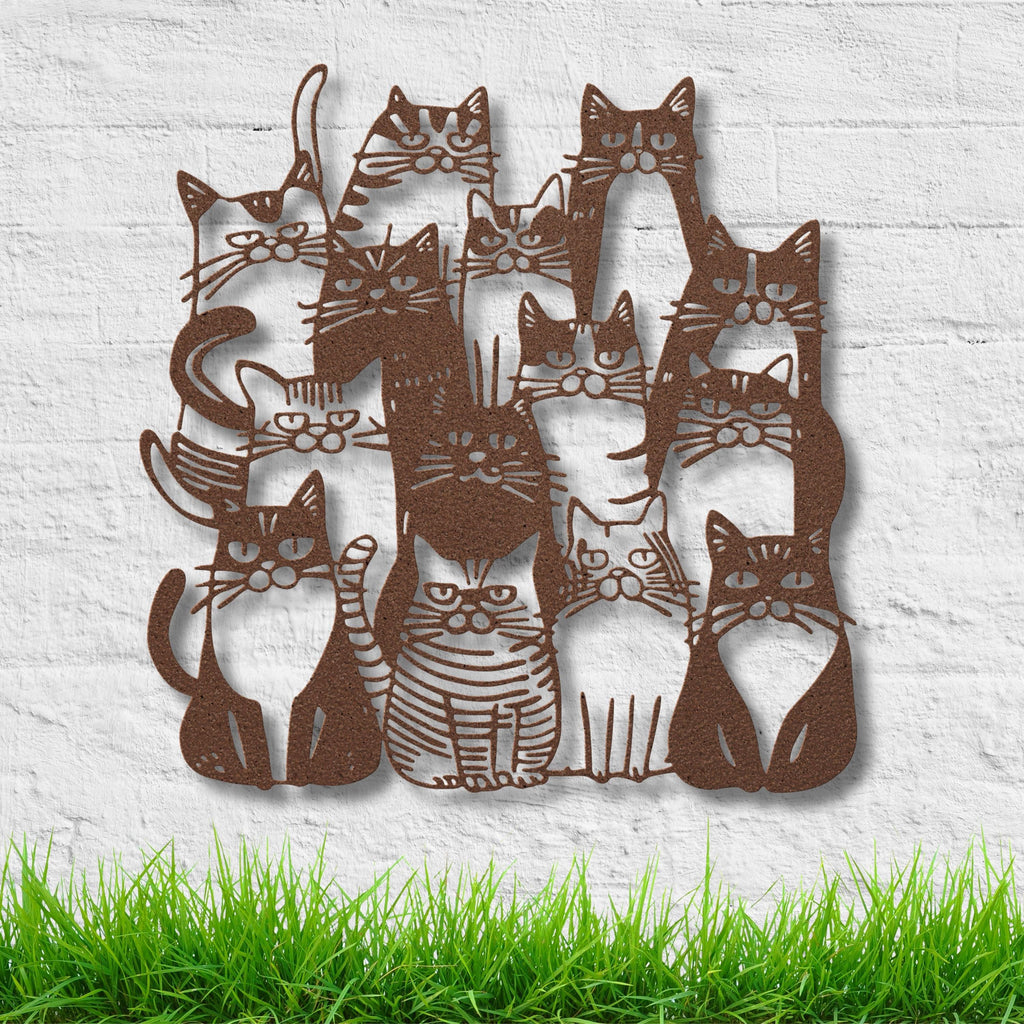 Grumpy Cat Group Metal Wall Art | Die-Cut Black & White Kitten Silhouette | Funky Pet Lover Decor Gift