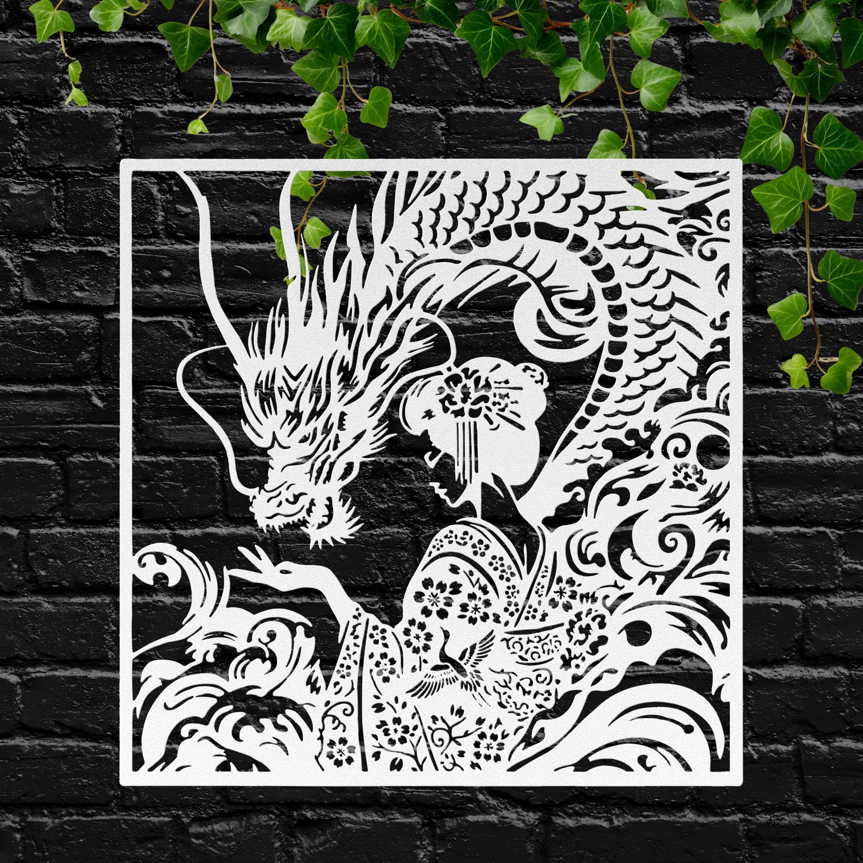Dragon and Geisha Metal Wall Art, Japanese Floral Decor, Oriental Mythical Sign, Kimono Art