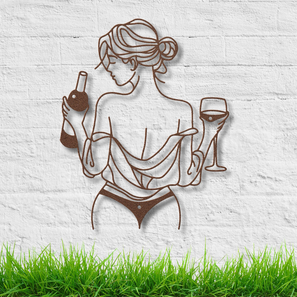 Woman Wine Metal Art – Minimalist Die Cut Metal Sign | Elegant Silhouette Decor