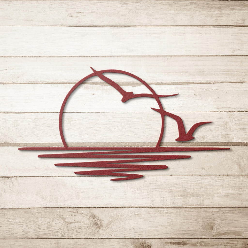 Sunset Ocean Birds Art - Coastal Metal Decor | Minimalist Nature Silhouette Wall Sign
