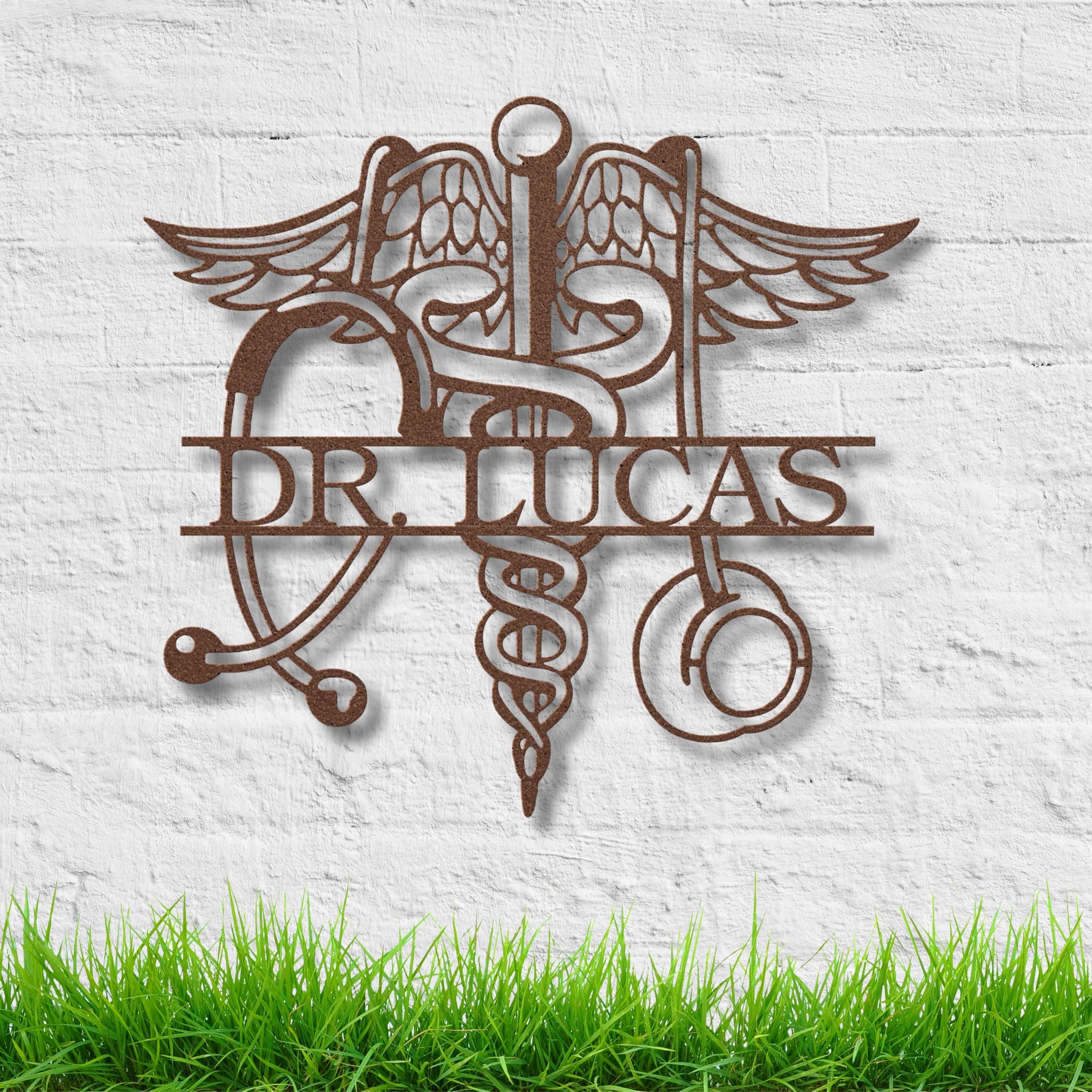 Personalized Doctor Metal Sign, Caduceus Stethoscope Art