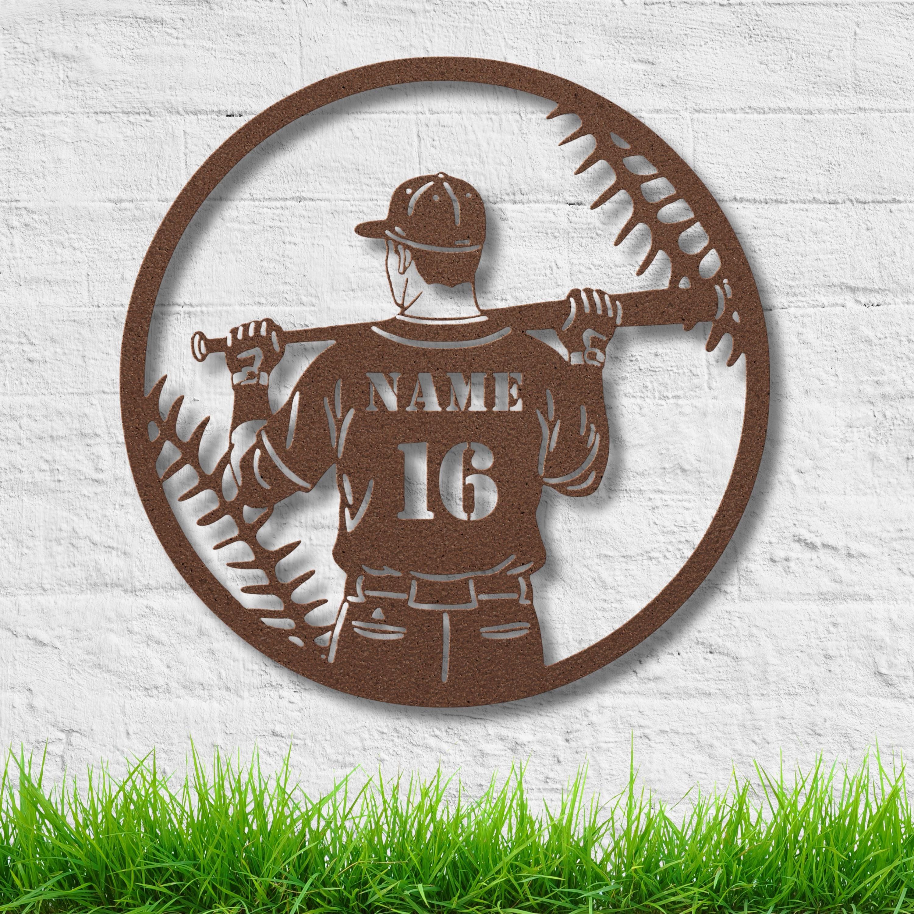 Personalized Baseball Sign | Custom Name Number Metal Player Art for Man Cave Decor
