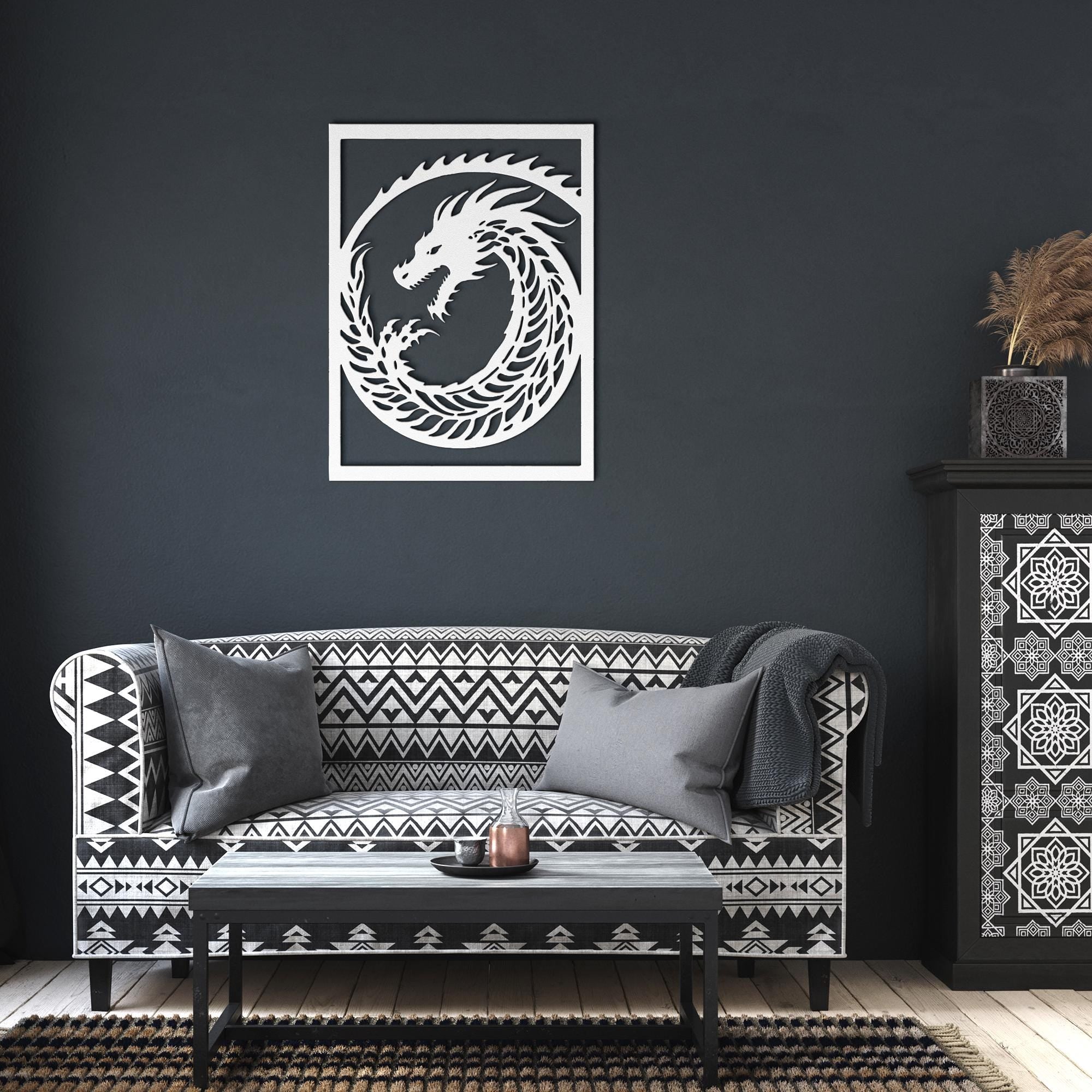 Tribal Dragon Metal Wall Art, Mythical Beast Die Cut Sign, Fantasy Decor