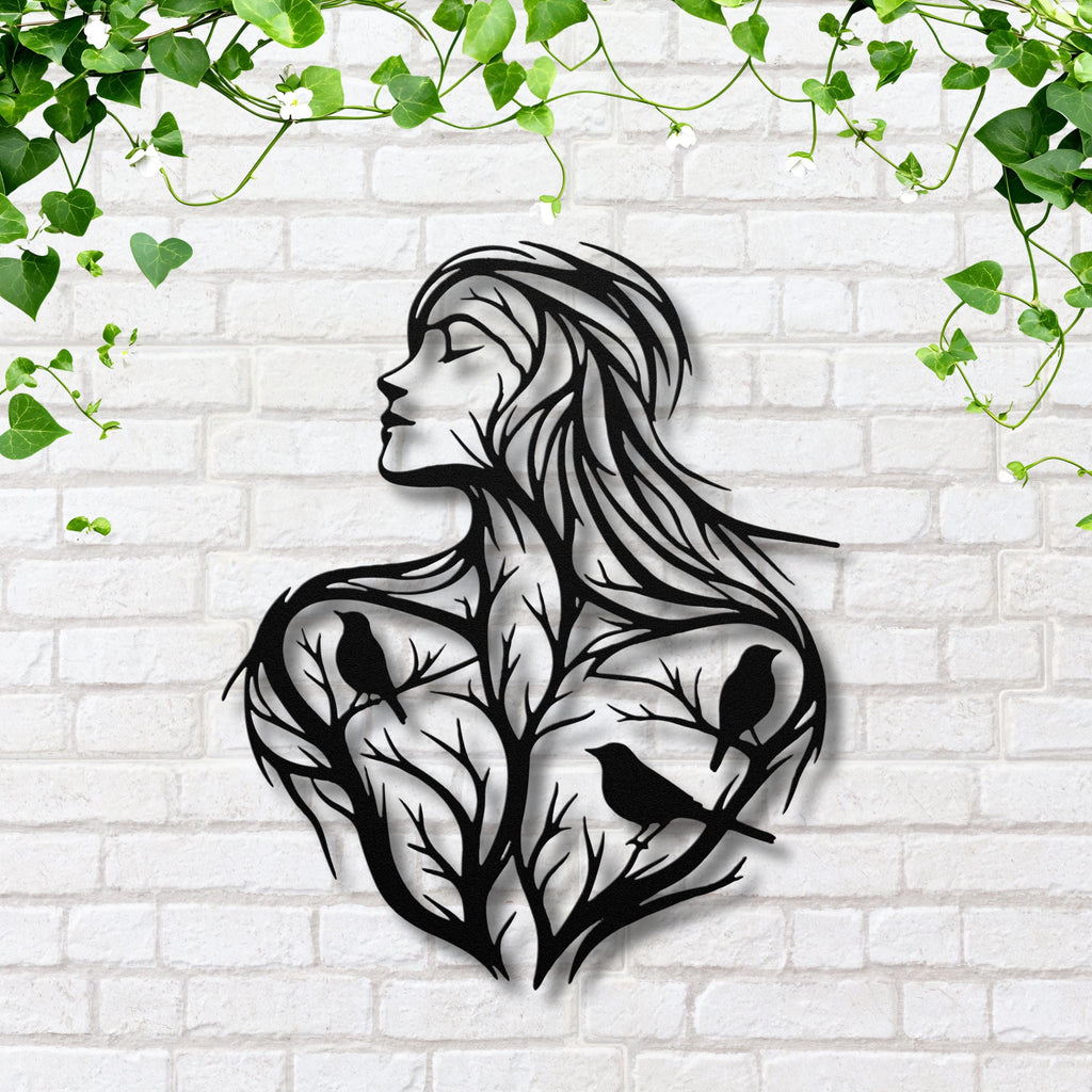 Tree of Life Woman Metal Wall Art | Boho Silhouette with Birds
