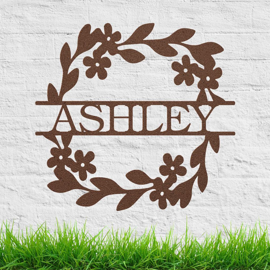 Personalized Metal Name Sign, Floral Wreath Monogram Door Hanger
