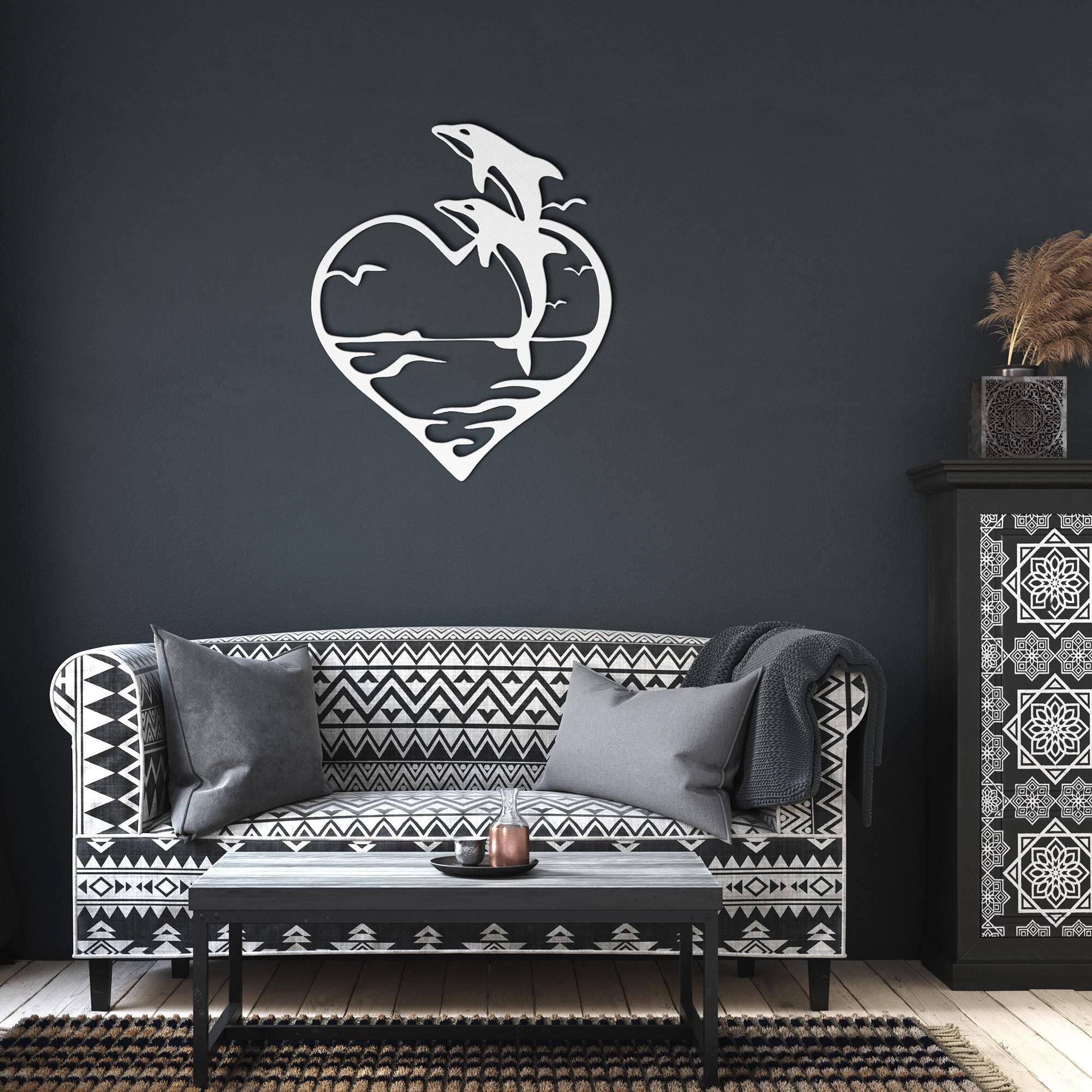 Dolphins in Heart Metal Wall Art: Romantic Ocean Decor