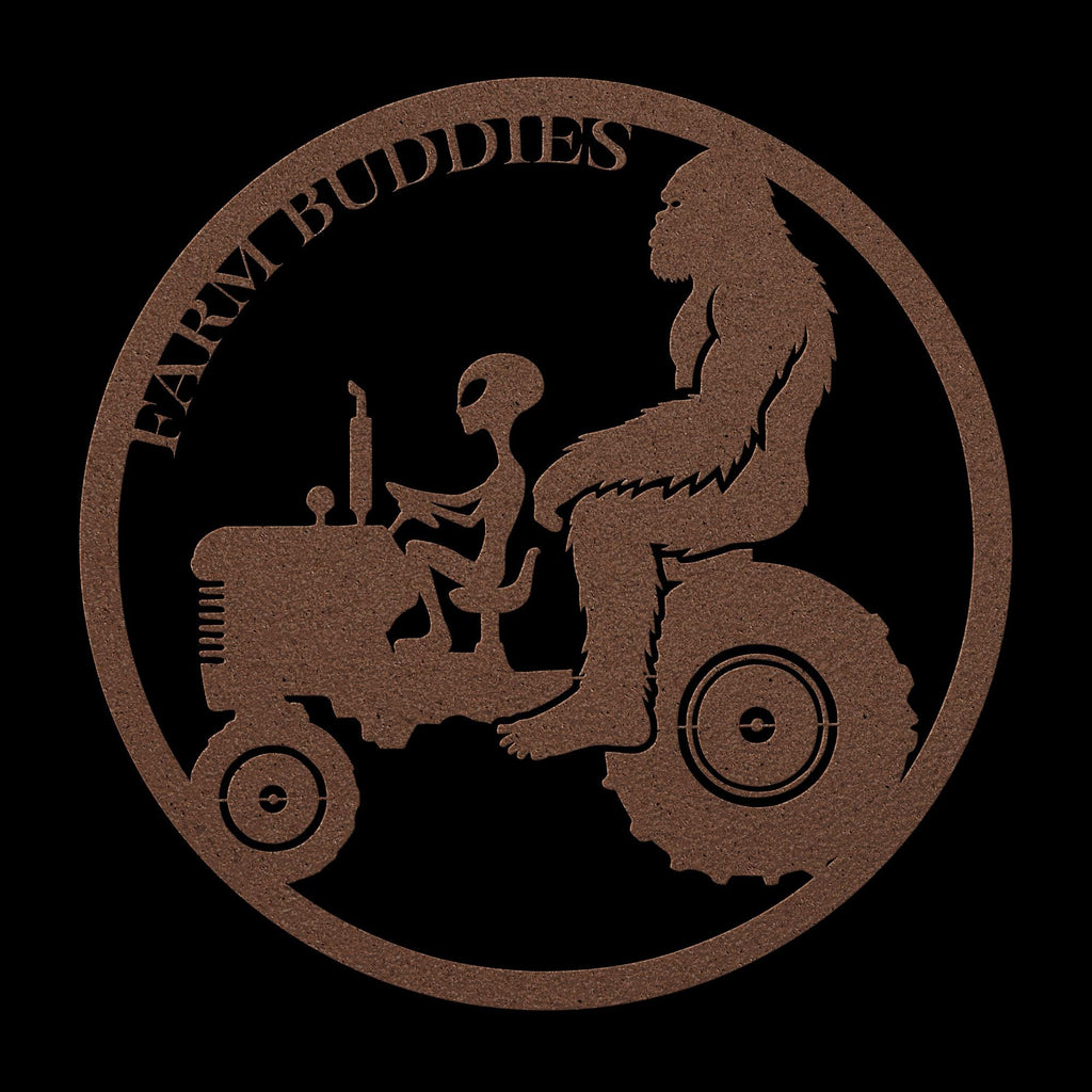 Farm Buddies Metal Sign: Alien & Gorilla on Tractor, Custom Powder Coat