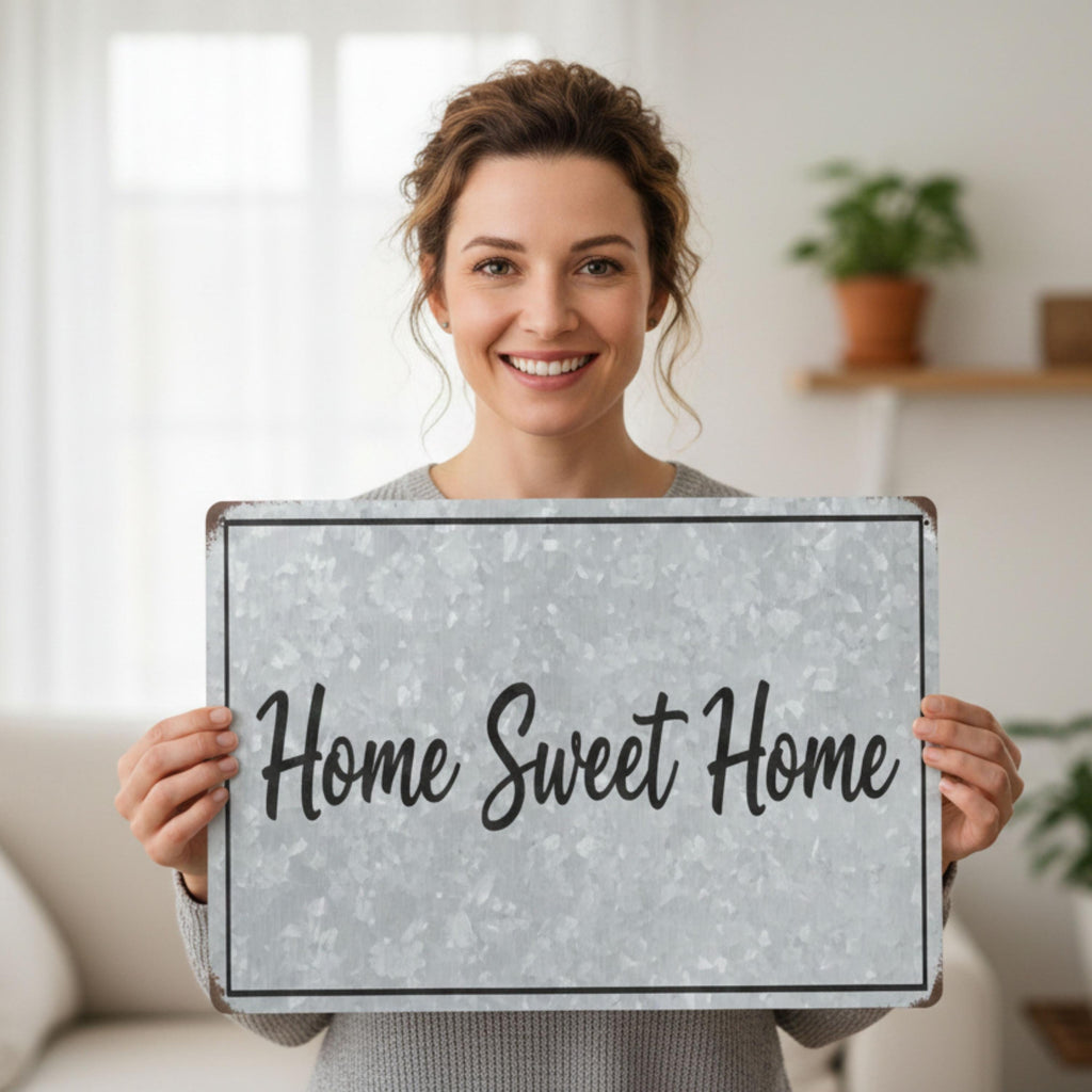 Home Sweet Home Metal Sign - Galvanized Farmhouse Decor, Rustic Welcome Wall Art, Modern Housewarming Gift, Entryway Hanging