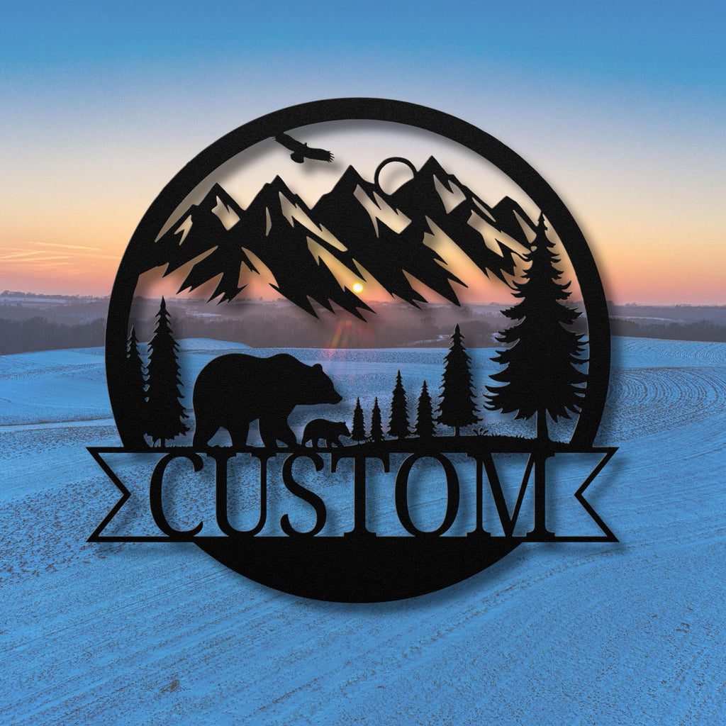 Custom Mountain Bear Sign - Personalized Family Name Metal Cabin Decor