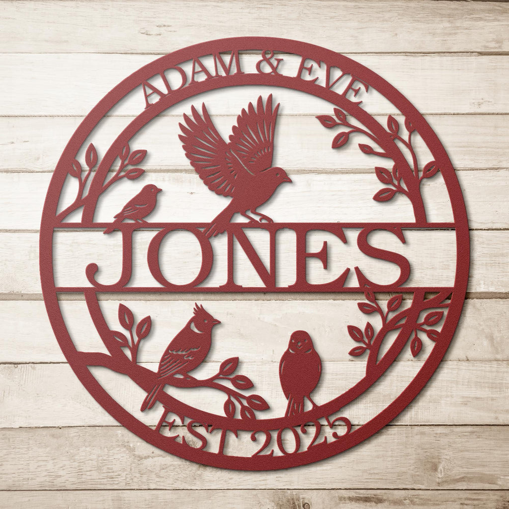 Personalized Family Name Sign with Birds, Custom Metal Last Name Sign, Established Date Wall Art, Housewarming Gift for Couple