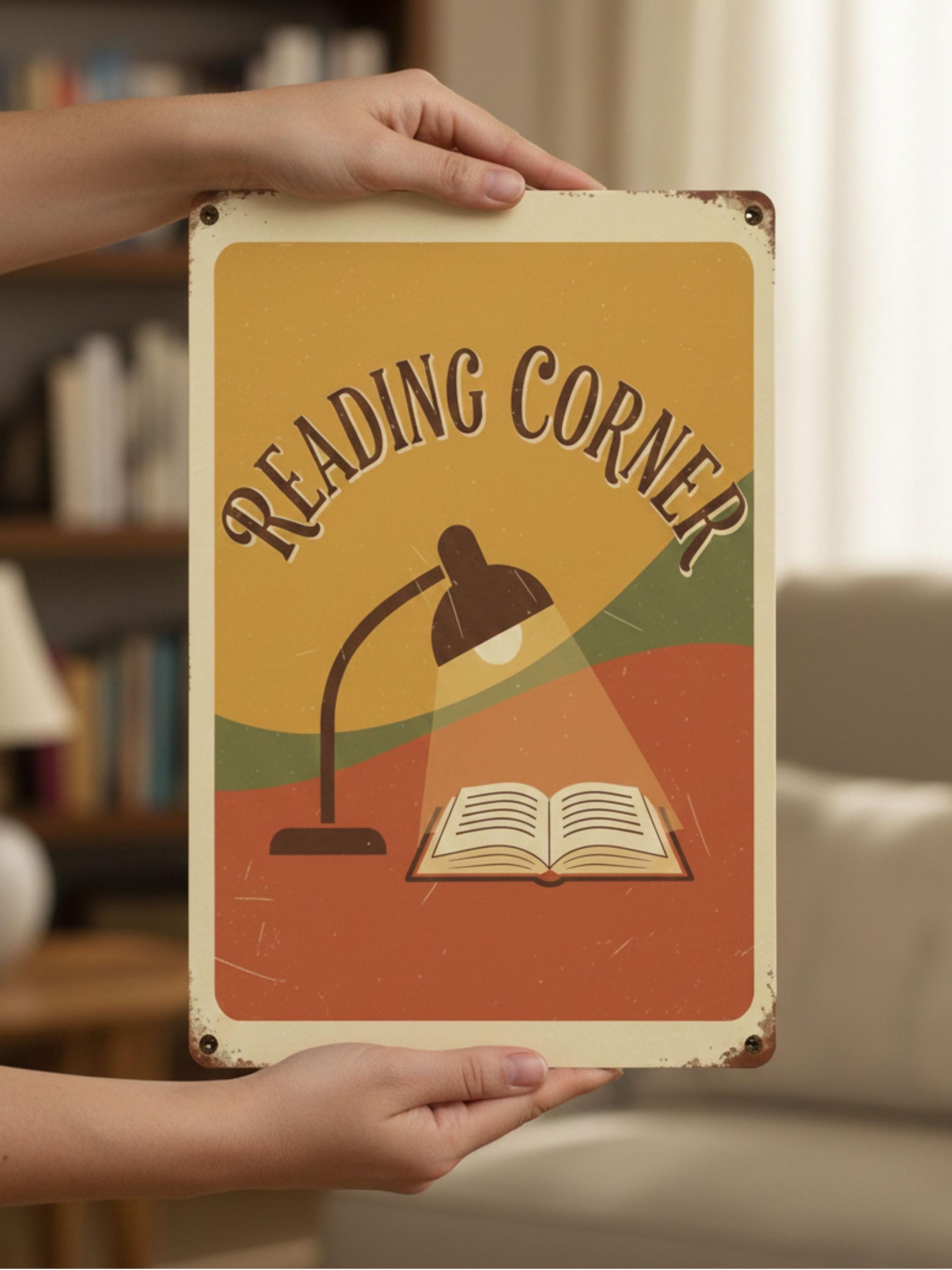 Reading Corner Metal Sign, Vintage Library Decor, Book Lover Gift, Retro Home Office Art