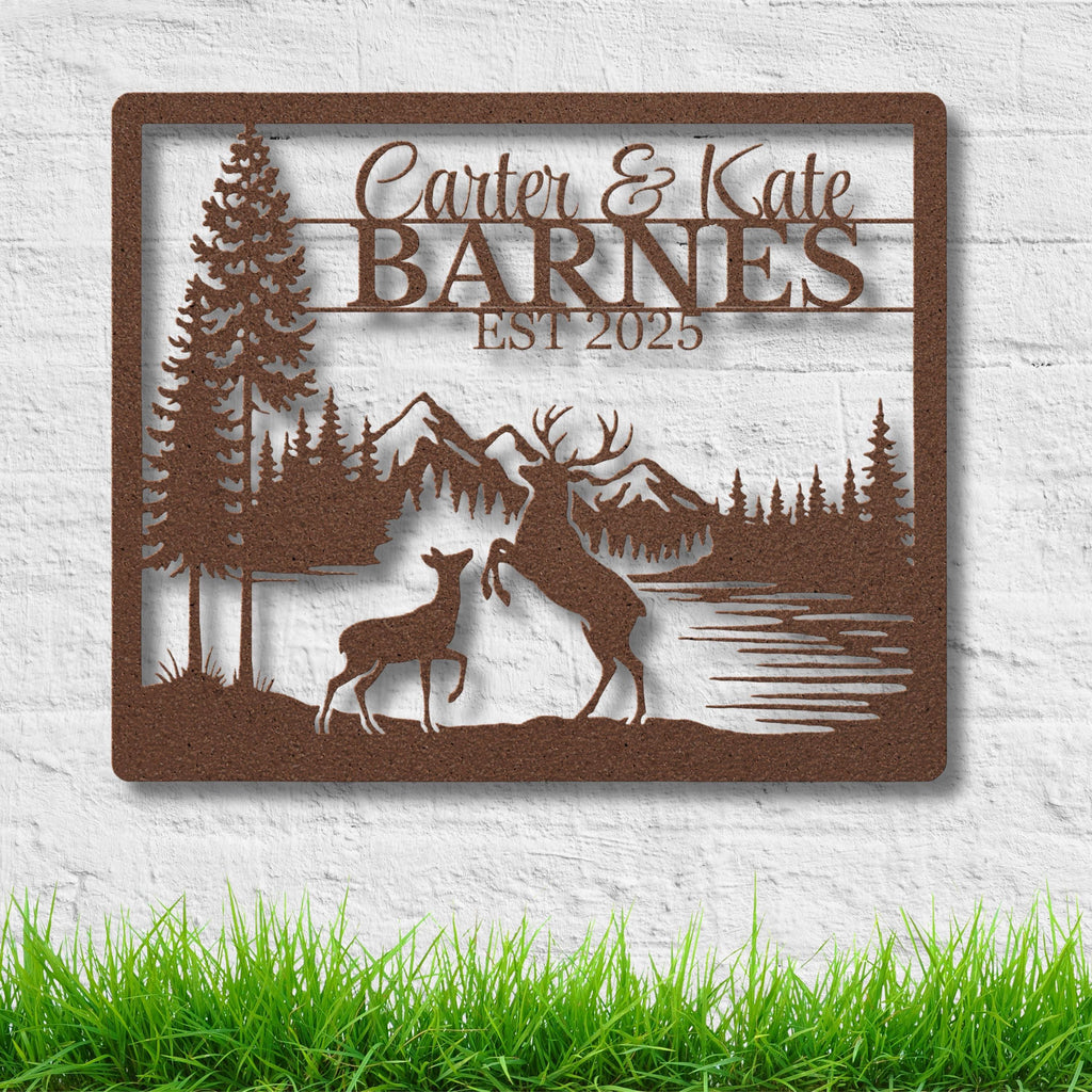 Personalized Deer Sign, Couple Name Metal Art, Family Sign, Rustic Cabin Decor, Mountain Forest Die Cut Wedding Gift