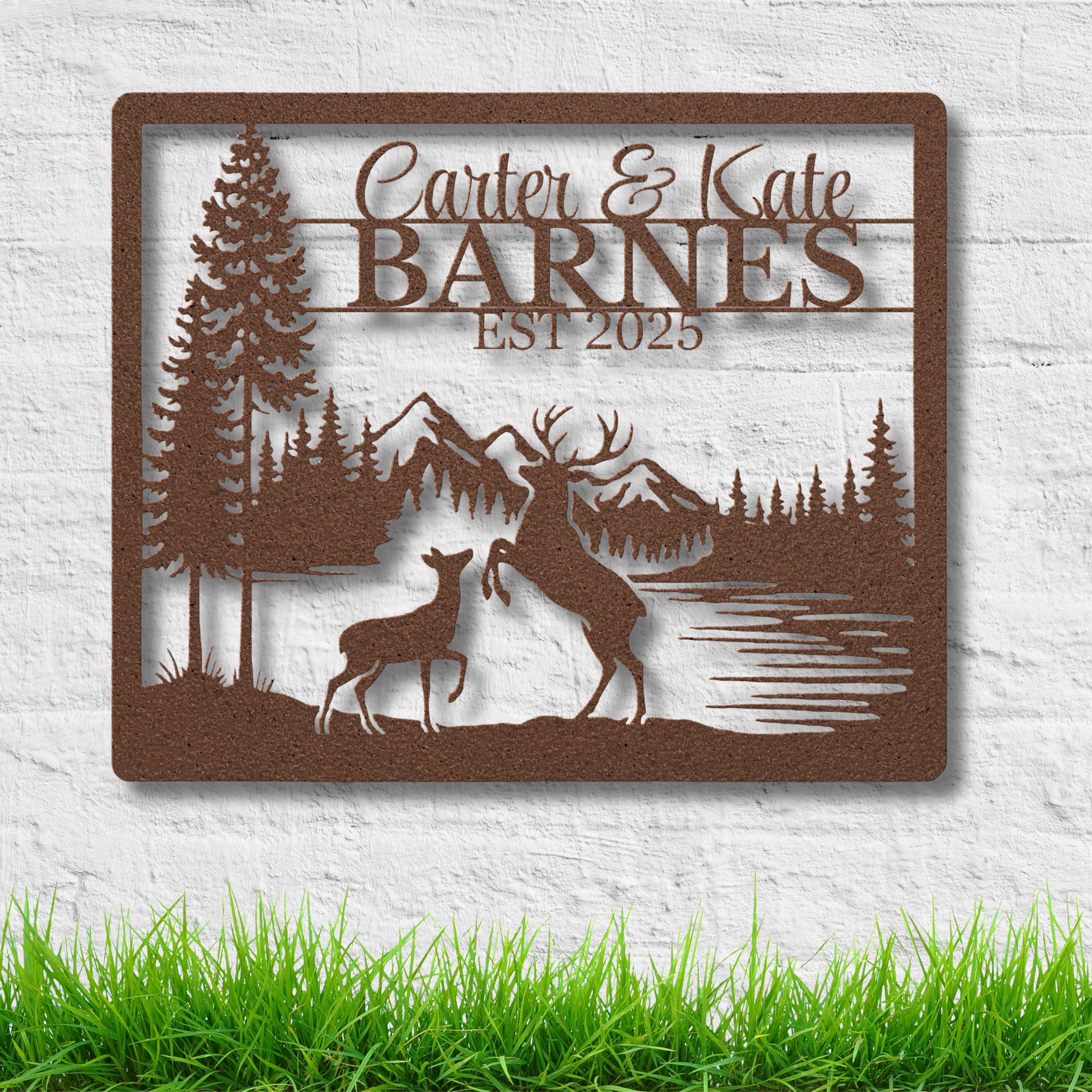 Personalized Deer Sign, Couple Name Metal Art, Family Sign, Rustic Cabin Decor, Mountain Forest Die Cut Wedding Gift