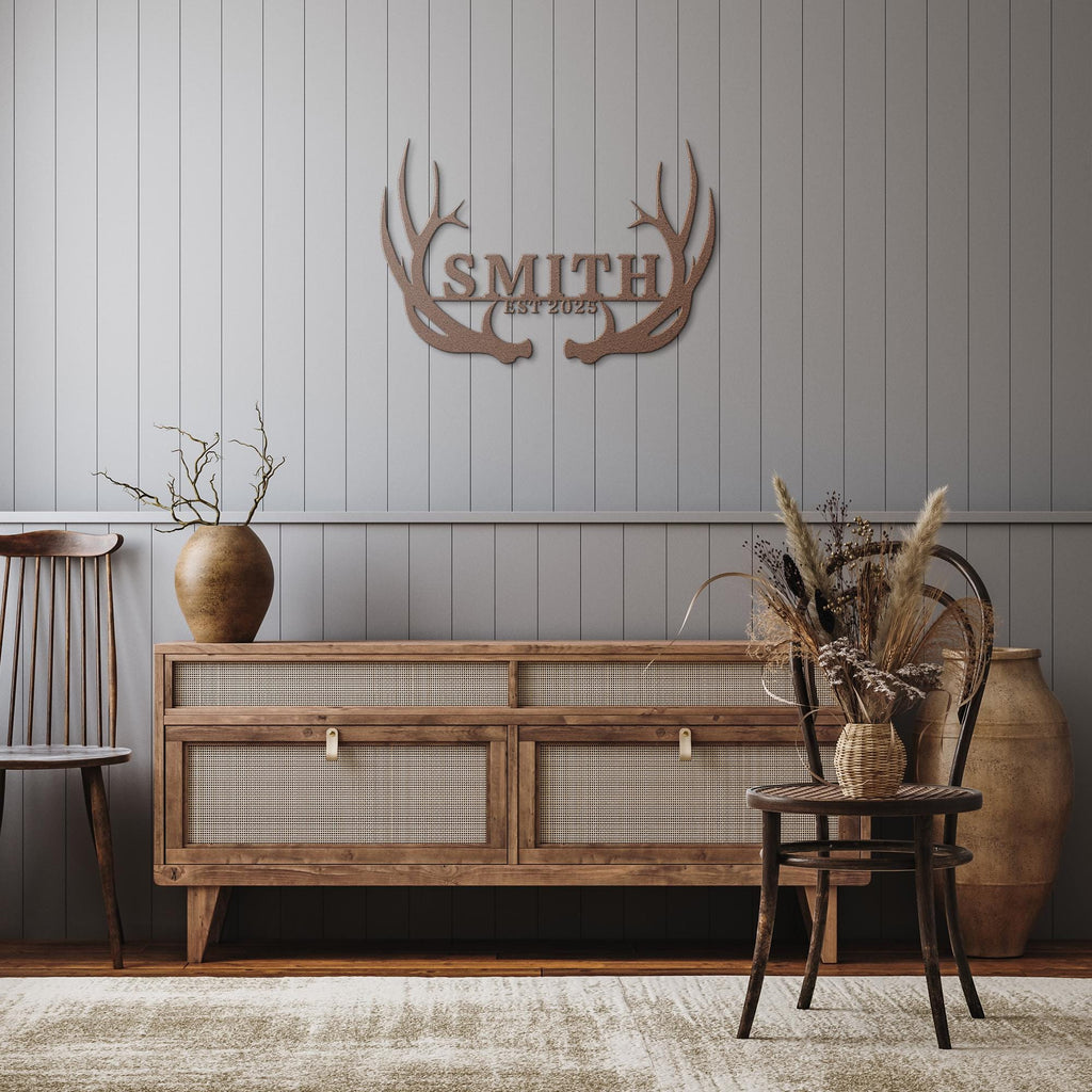 Personalized Antler Sign - Custom Family Name Metal Wall Art | Rustic Cabin Decor Gift