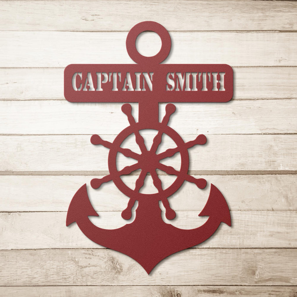 Personalized Captain's Wheel and Anchor Metal Sign, Custom Text, Nautical Gift, Sailor Gift