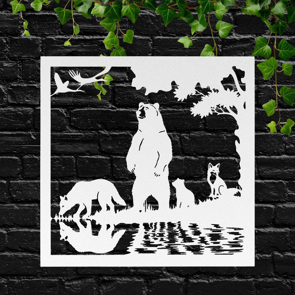 Forest Animals Lake Reflection Metal Art | Bear Fox Wolf Silhouette | Nature Wildlife Wall Decor | Rustic Cabin Sign